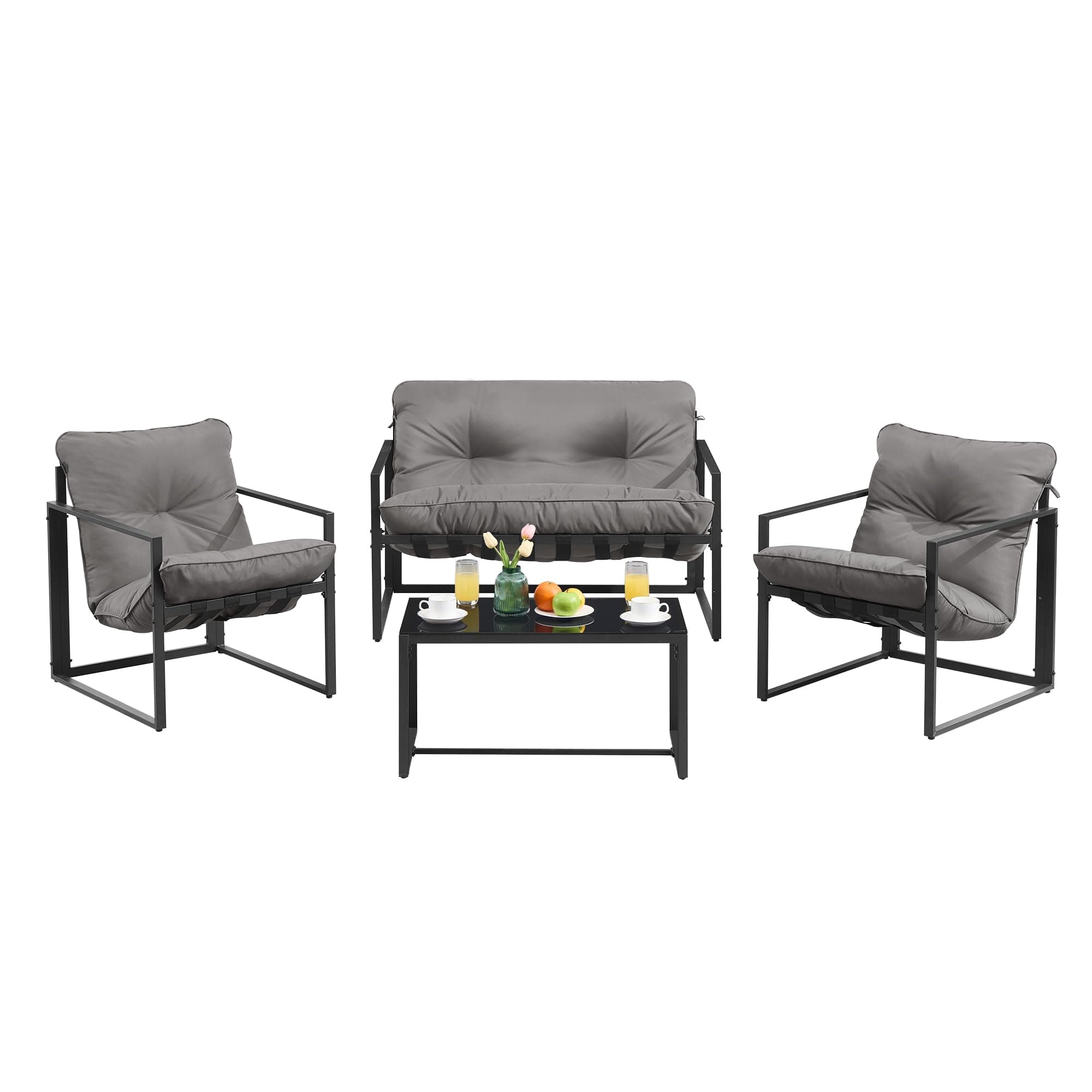 SONGMICS Salon de Jardin Extérieur 4 Pièces, Meuble de Jardin, 2 Fauteuils, 1 Table, 1 Banquette, Acier, Coussins Rembourrés, pour Terrasse, Balcon, Gris GGF040GZ01