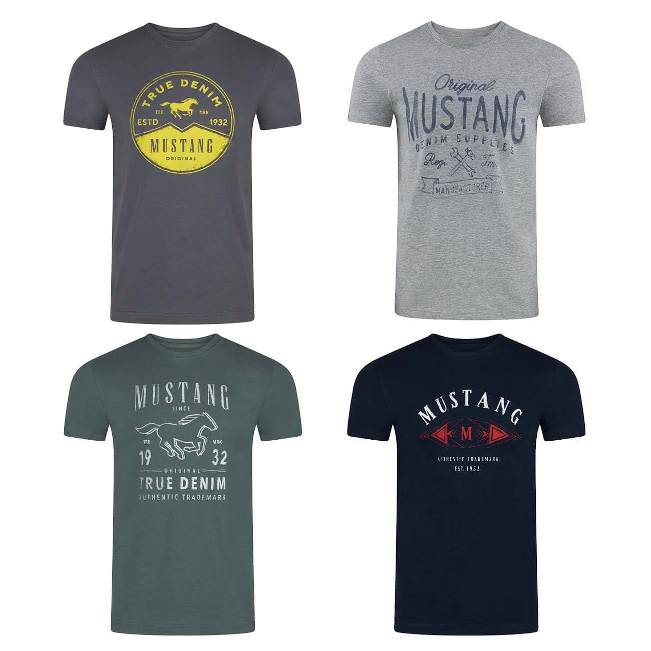 MUSTANG Tshirt Herren Baumwolle Regular Fit 4er Pack Set Rundhals Kurzarm Sommer Tee Shirt Logoprint Schwarz Weiß Grau Blau Grün S M L XL XXL 3XL 4XL 5XL 6XL