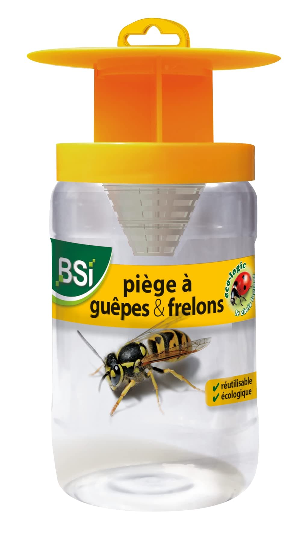 BSI - Puissant Piège A Guêpes Et Frelons - Adapté Aux Frelons Asiatiques - Naturel - Réutilisable, Translucide / Jaune
