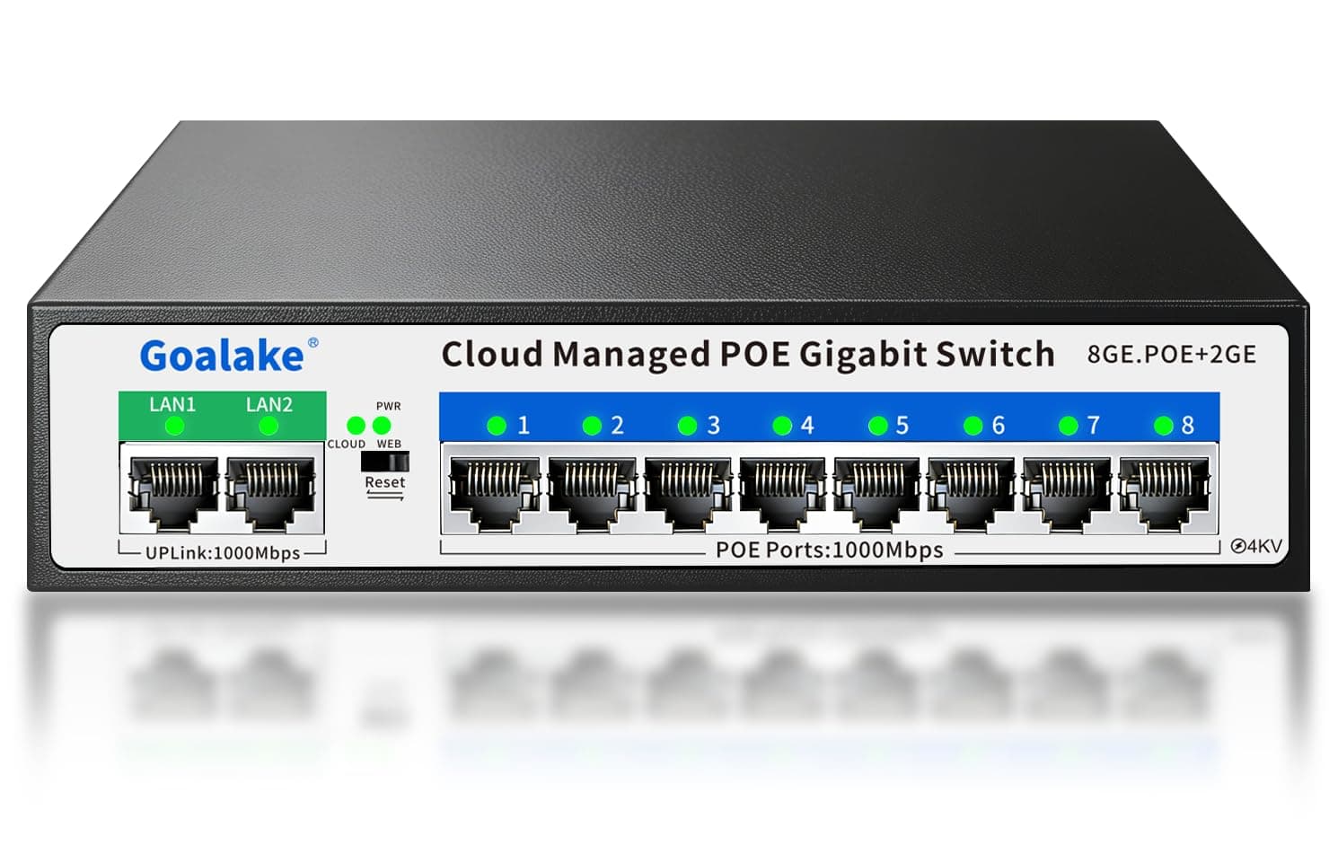 Goalake Switch PoE+ Gigabit à 10 Ports Géré Cloud | 8 Ports PoE 120W + 2 Uplink Gigabit | Gestion Simplifiée par App | Détection Automatique, VLAN | Norme IEEE 802.3af/at | Transmission étendue 250m