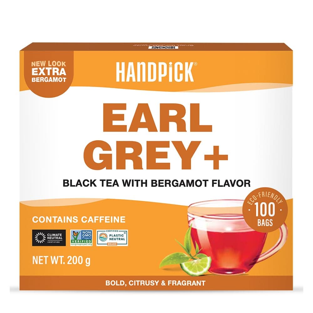 HANDPICK, Bolsitas de Té Earl Grey (100 Unidades) | Fuerte, Aromático con Sabor a Bergamota y Cítricos | Bolsitas de Té Redondas – Sin Gluten, No Transgénico | Directo del Origen
