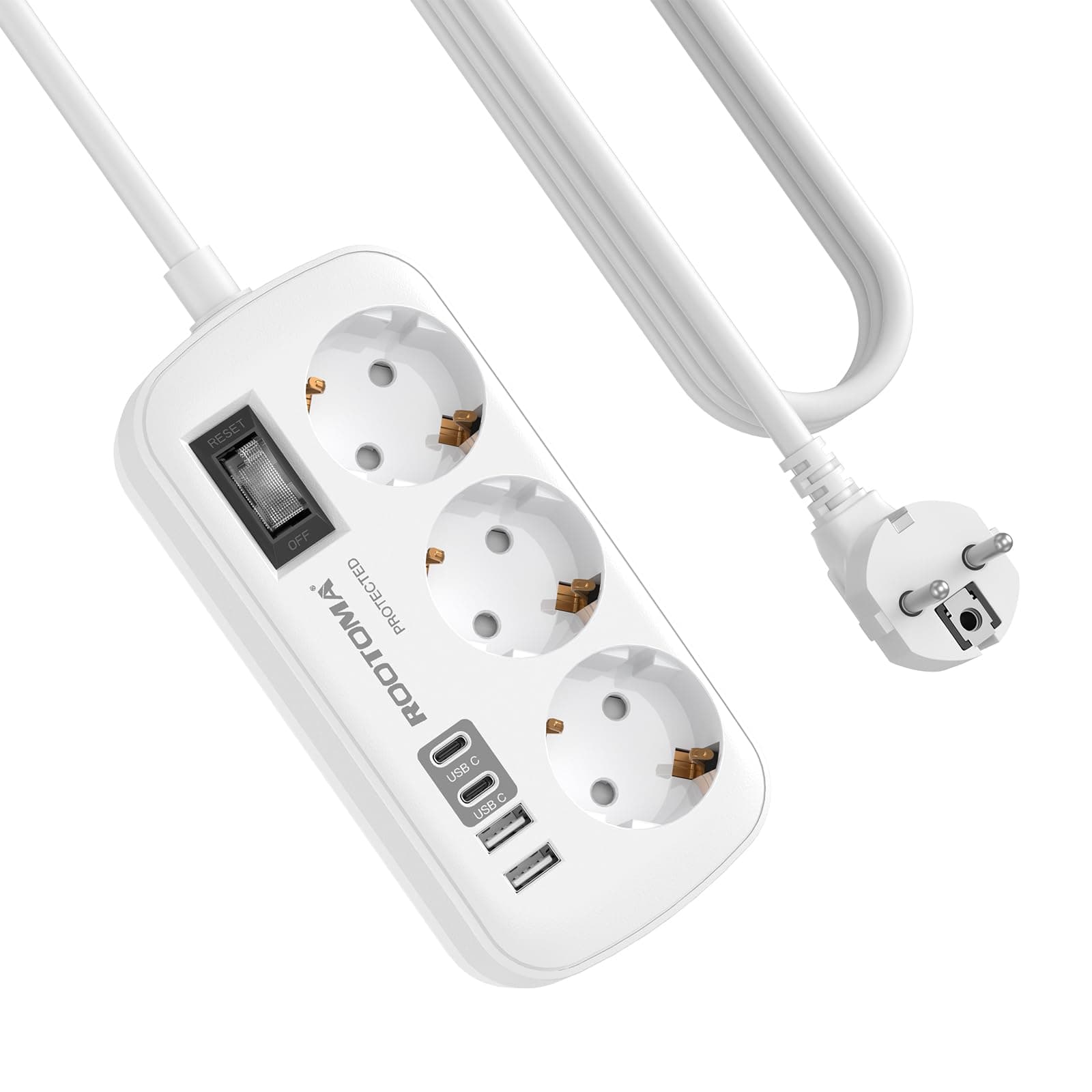 Regletas Enchufes con USB, Protección Sobretensión, 3 Tomas con Interruptor, Enchufe Múltiple de Carga 2 USB C y 2 USB A (5V/3,1A), Cable 1,5m, Ideal para Viajes y Hogar, 16A/4000W