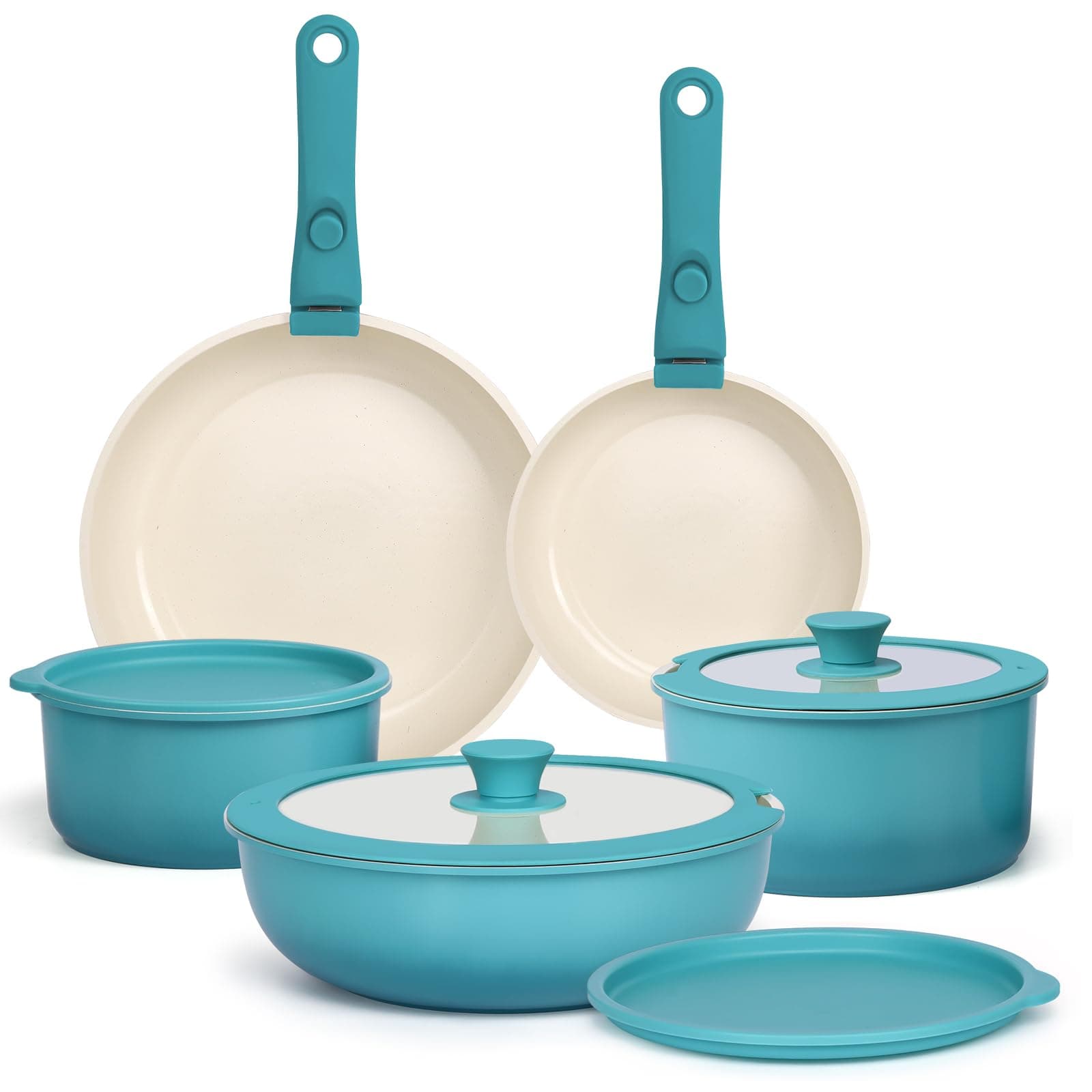 GiPP 11 Pièces Set de Poêles et Casseroles Avec Revêtement Antiadhésif - Sets de Casseroles Avec Poignées Détachables, Sans Toxiques, Compatible Induction (Dégradé Bleu)