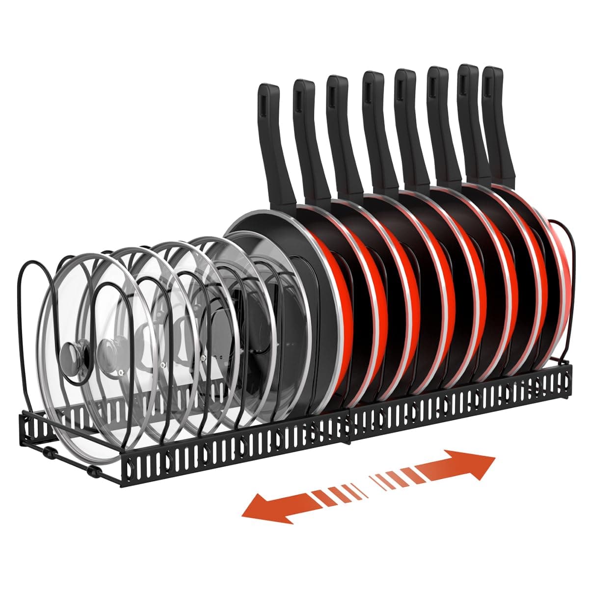 Housolution Organizador de Ollas y Sartenes, Extensible Organizador Tapas Ollas con 14 Compartimentos Ajustable, Soporte Tapas Ollas y Sartenes para Cocina, Negro