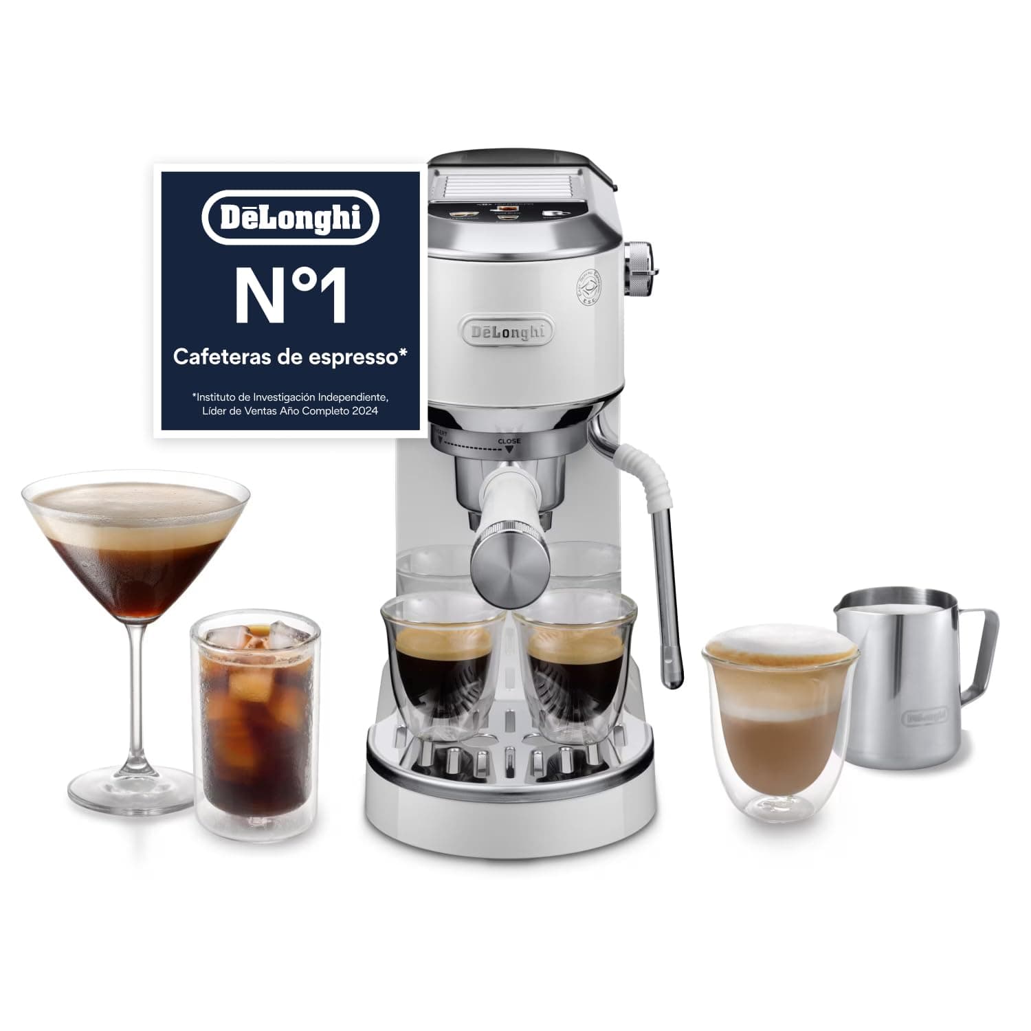 De’Longhi Dedica Duo – Perfetto Cafetera Espresso Manual Compacta con Espumador de Leche Manual, para Espresso, Cappuccino y Cold Brew, Iconos Táctiles en Color, Ancho 15 cm, Blanco (EC890.WI)