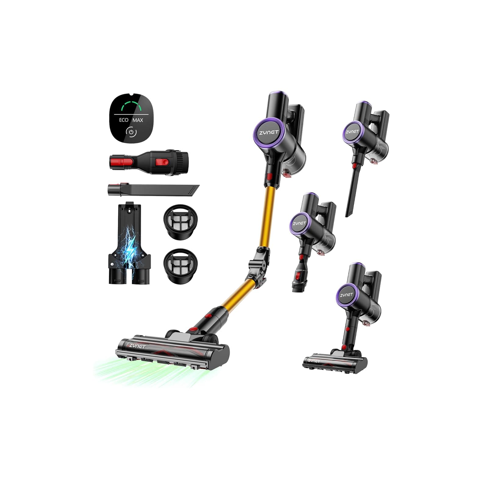 Zynet S9 Aspirapolvere Senza Fili, Scopa Elettrica Senza Fili 45000Pa/500W/45Min con Tubo Pieghevole e Supporto a Parete, Motore Brushless, per Peli di Animali Domestici, Tappeti e Pavimenti Duri