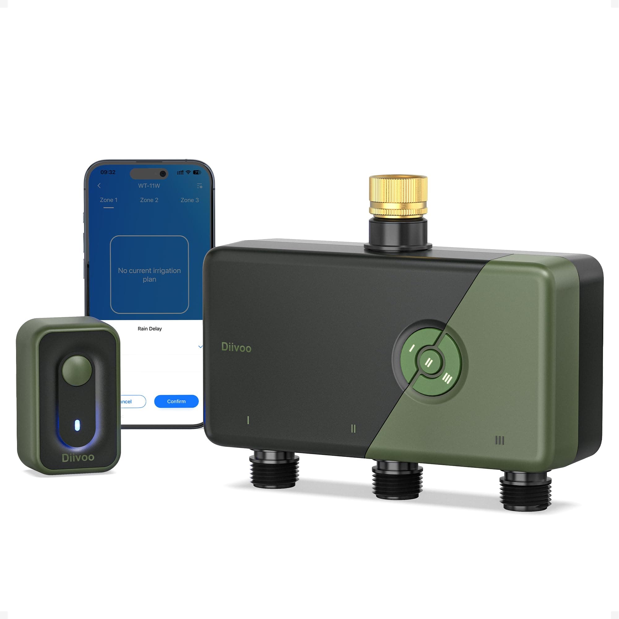 Diivoo Programador Riego WiFi 3 Zonas con Entrada de Latón, Riego Automático WiFi Compatible con Alexa/Google Assistant, 18 Programas de Riego, Retardo por Lluvia & Modo Niebla para Jardín y Césped