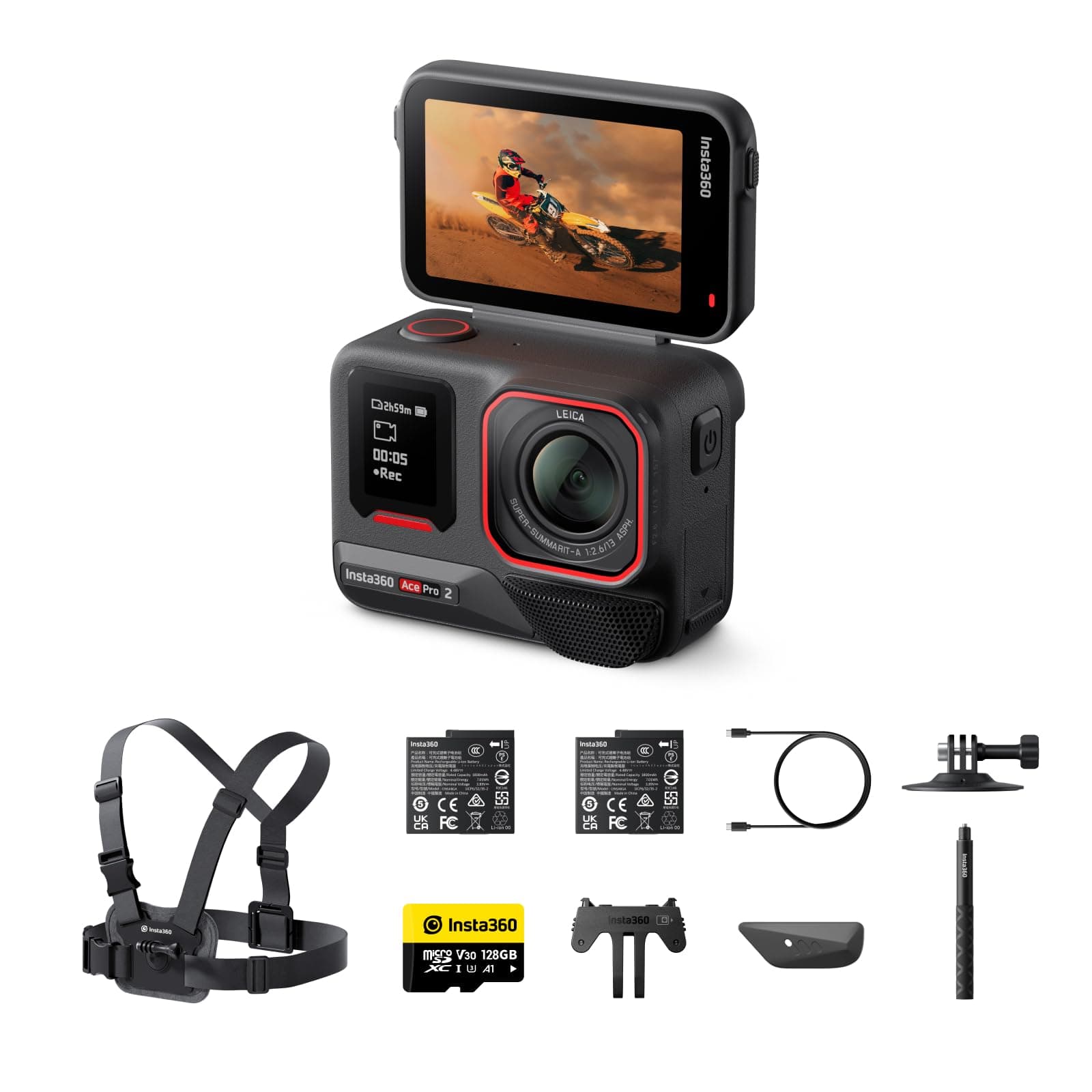 Insta360 Ace Pro 2 Pack Sci - Action Cam Impermeabile in 8K co-ingegnerizzata con Leica, sensore 1/1.3", doppio chip IA, superba in bassa luce, audio superiore.