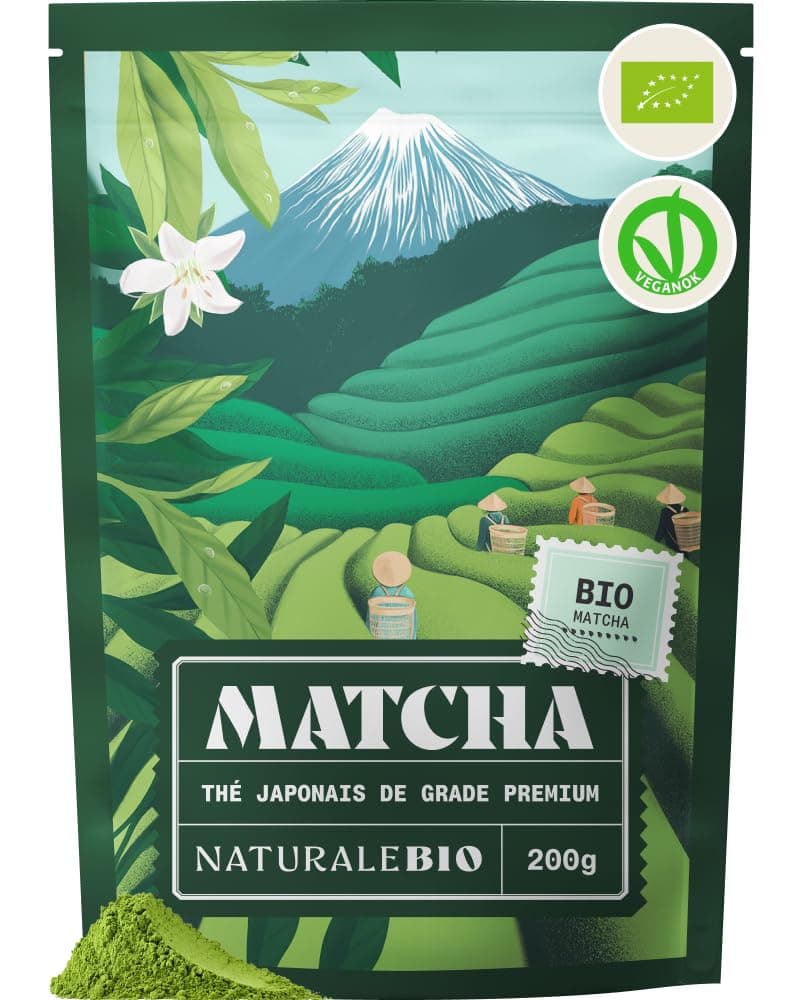 NaturaleBio Thé Matcha Bio Japonais. Premium Qualité. 200 gr. Thé Vert en Poudre. 100% Naturel. Matcha Green Tea Produit au Japon Uji, Kyoto. Idéal à Boire, pour Cuisiner et dans le Lait