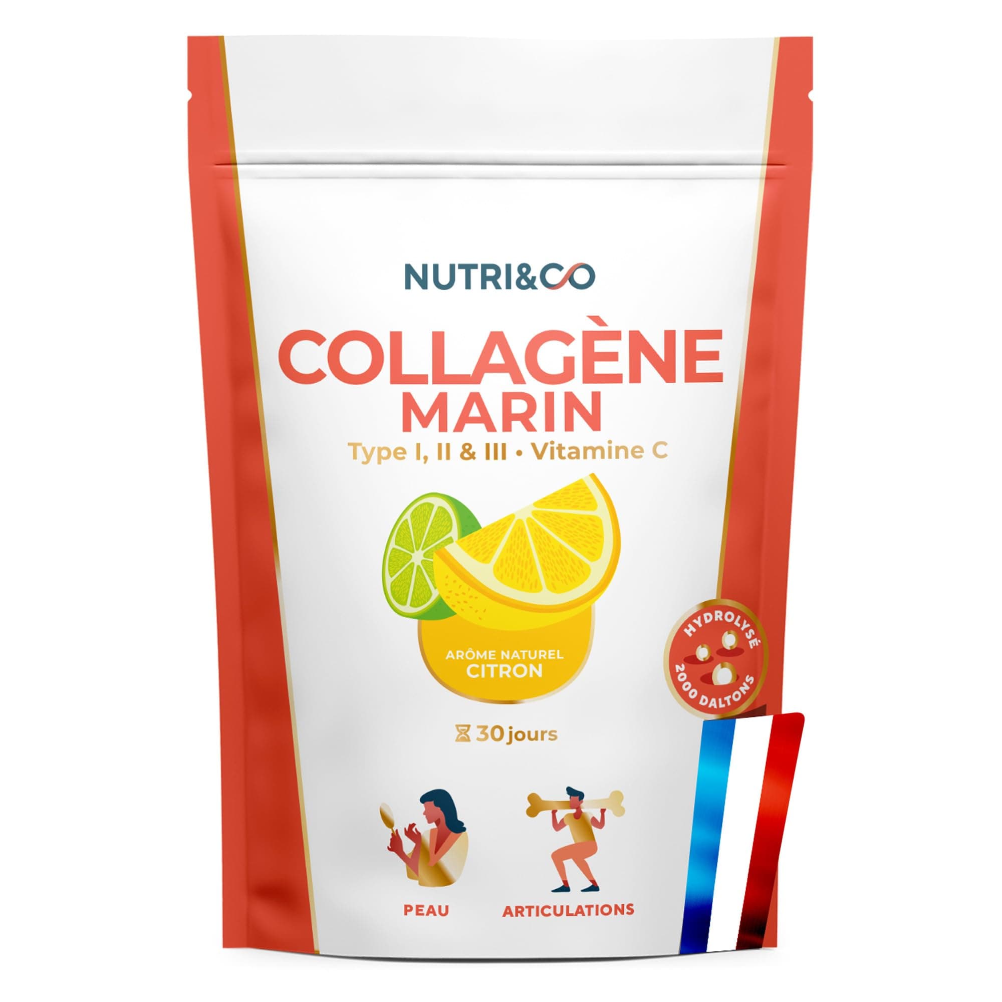 NUTRI&CO Collagène Marin Type 1, 2 et 3 & Vitamine C | Goût Citron | 30 jrs | Breveté Naticol® & Cartydiss® | Peptides Hydrolysés 2000 DA | 180g | Fabriqué en France