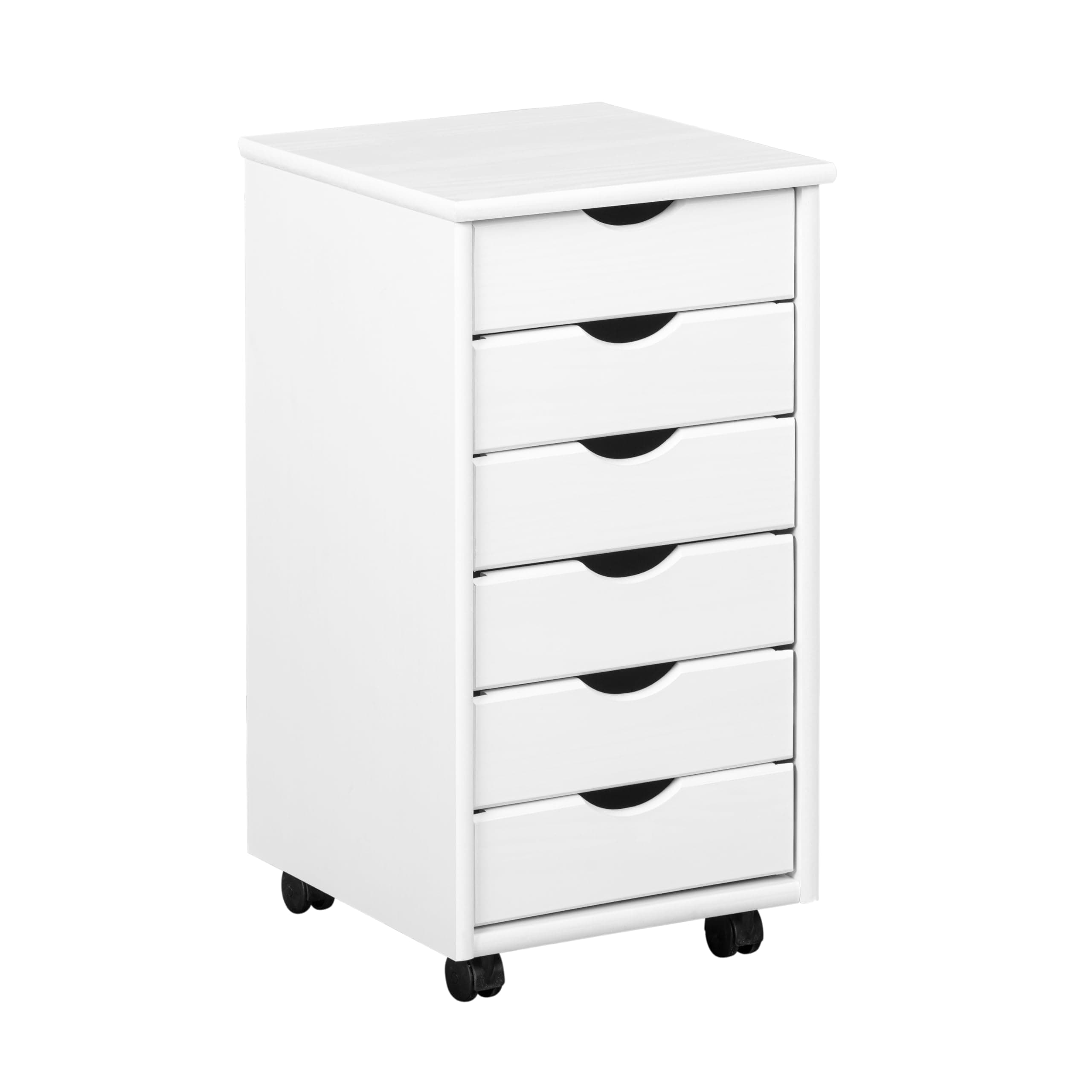 Inter Link – Caisson de bureau à roulettes – Avec tiroirs – Meuble de rangement mobile - Pin massif - 6 tiroirs – Blanc vernis