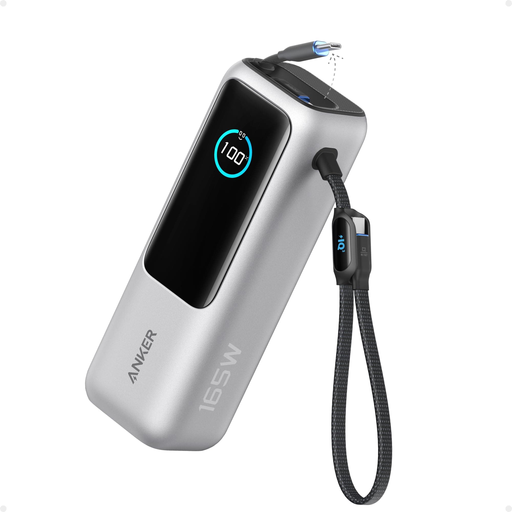 Anker Laptop Powerbank 165W 25000 mAh, Ladegerät mit 70cm ausziehbarem Kabel & Trageband, 3 USB-C Ports für Laden mehrerer Geräte, Für MacBook Pro, iPhone 17/16/15, Samsung und mehr (flugzeugtauglich)