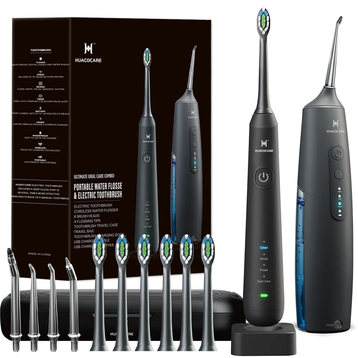 Kit de nettoyage buccal 2-1 - Hydropulseur dentaire et brosse à dents électrique - Brosse à dents et fil dentaire - Pour le nettoyage des et la santé des gencives (Noir)