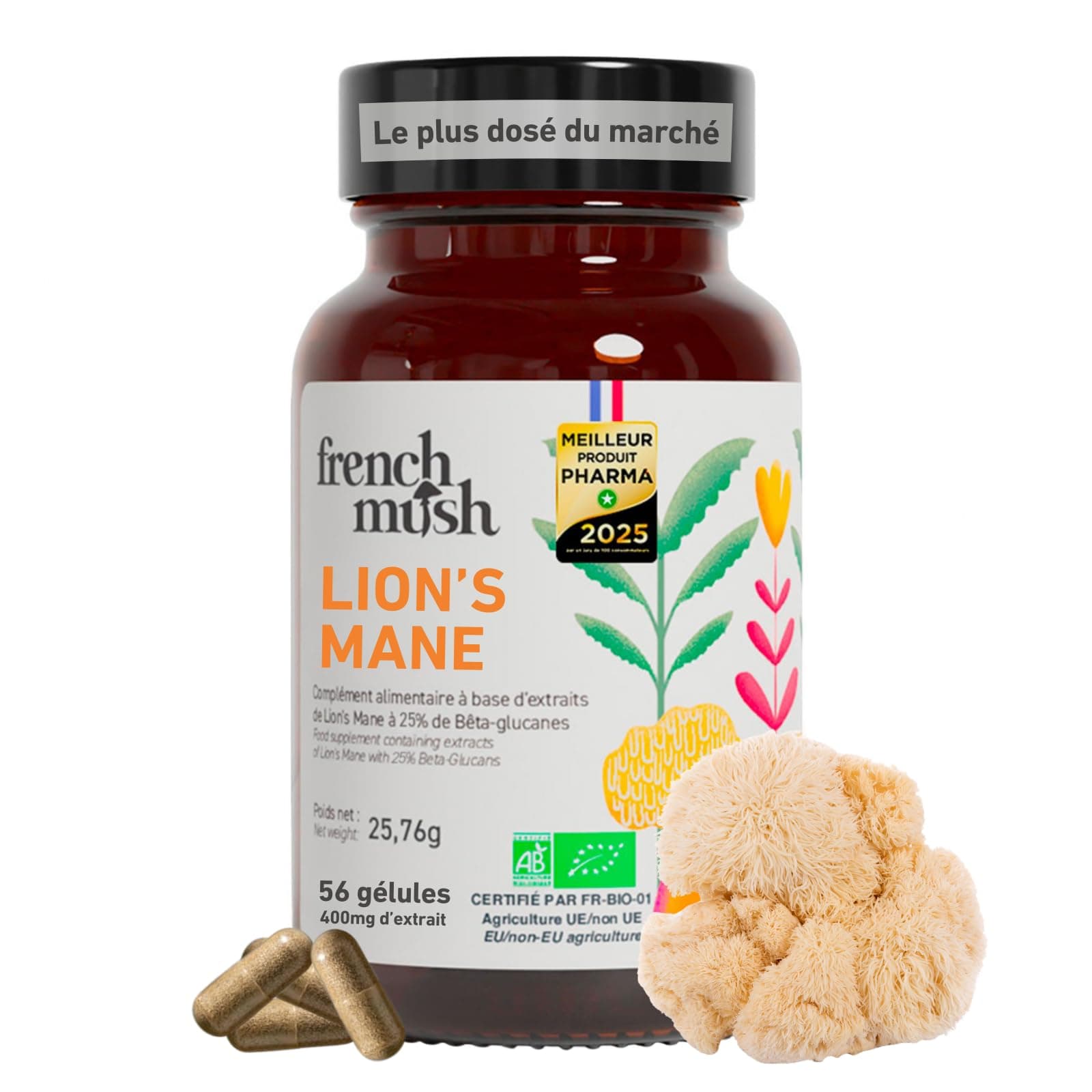 Lions Mane Champignon Bio 8000 mg - 56 Gélules Vegan pour le Cerveau, Bien-Être, Stabilité Humeur - 1 à 2 Gélules/Jour - Extrait Crinière de Lion Riche en Molécules Bioactives - Cultivés en France