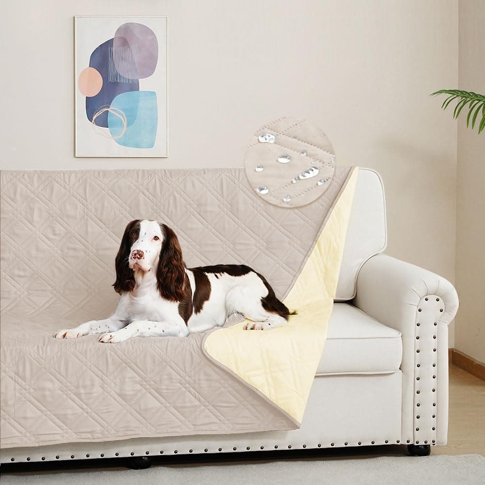 DUJUIKE Copridivano 100% impermeabile per cani, coperta per animali domestici, protezione per mobili per bambini e animali domestici, con fondo antiscivolo, per 3 posti (Crema, 173 x 208 cm)