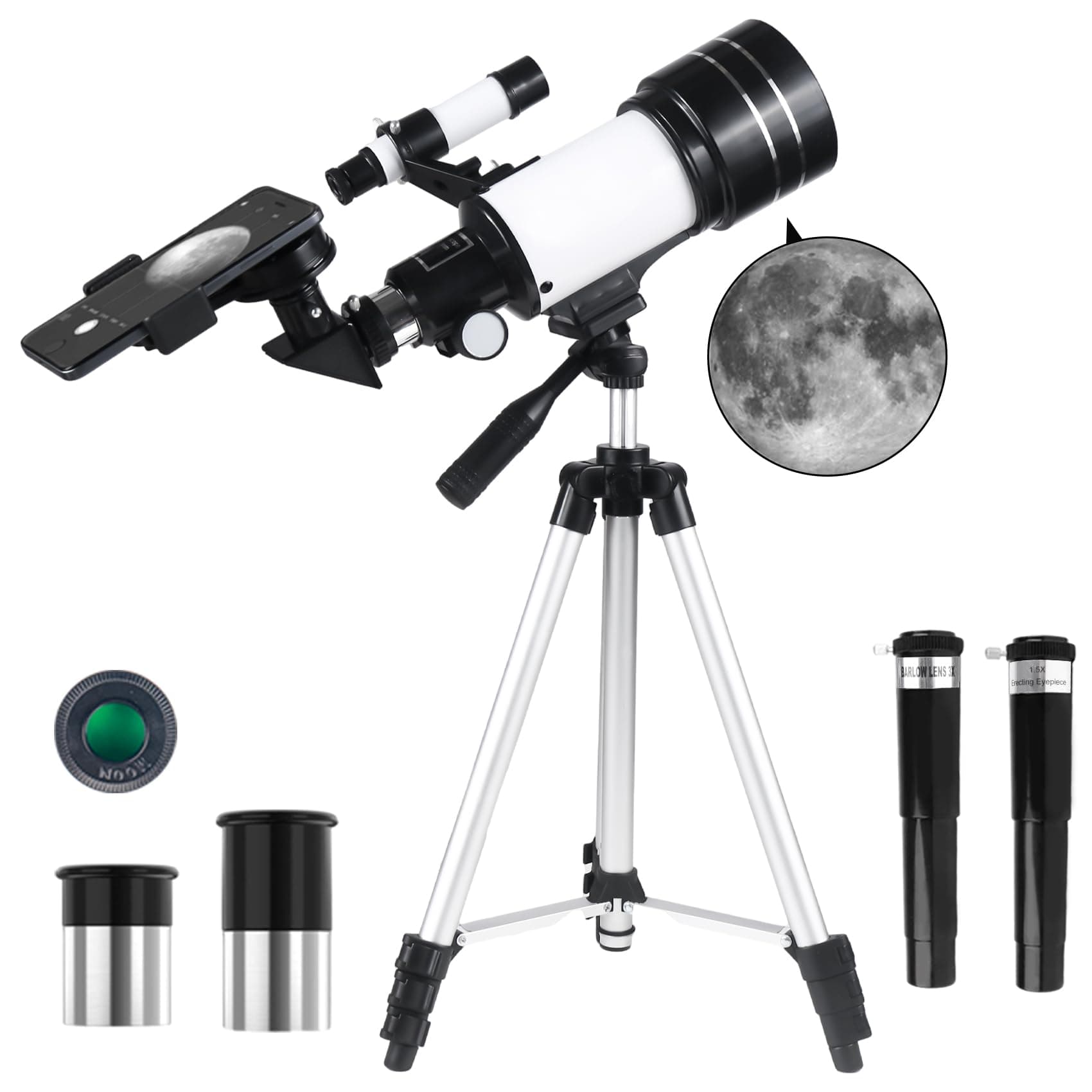 Misilmp Telescopio para Adultos, 70mm Apertura 300mm Telescopios para Principiantes Astronomía con Lentes, Visor, Trípode, Soporte Móvil, Portátil Refractor Telescopio para Niños & Adultos (Blanco)