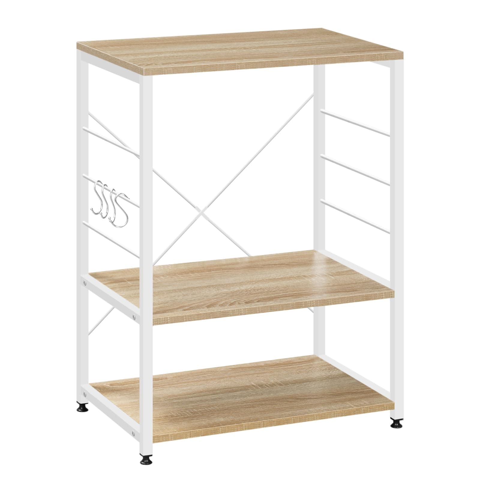 WOLTU Küchenregal, Standregal Mikrowellenhalter, Bäcker Regal Metallregal aus Holz und Stahl, mit 3 Ablagen, ca. 60 x 82 x 40 cm, Weiß + Hell Eiche