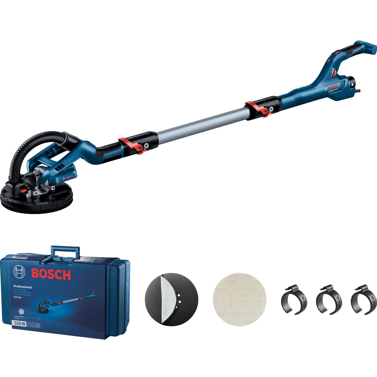 Bosch Professional ponceuse plaquiste GTR 55-225 (550 W, Ø de plateau de ponçage 215 mm, avec 1 disque abrasif M480, 1 set de plateaux de ponçage souples, 3 clips de câbles, coffret de transport)