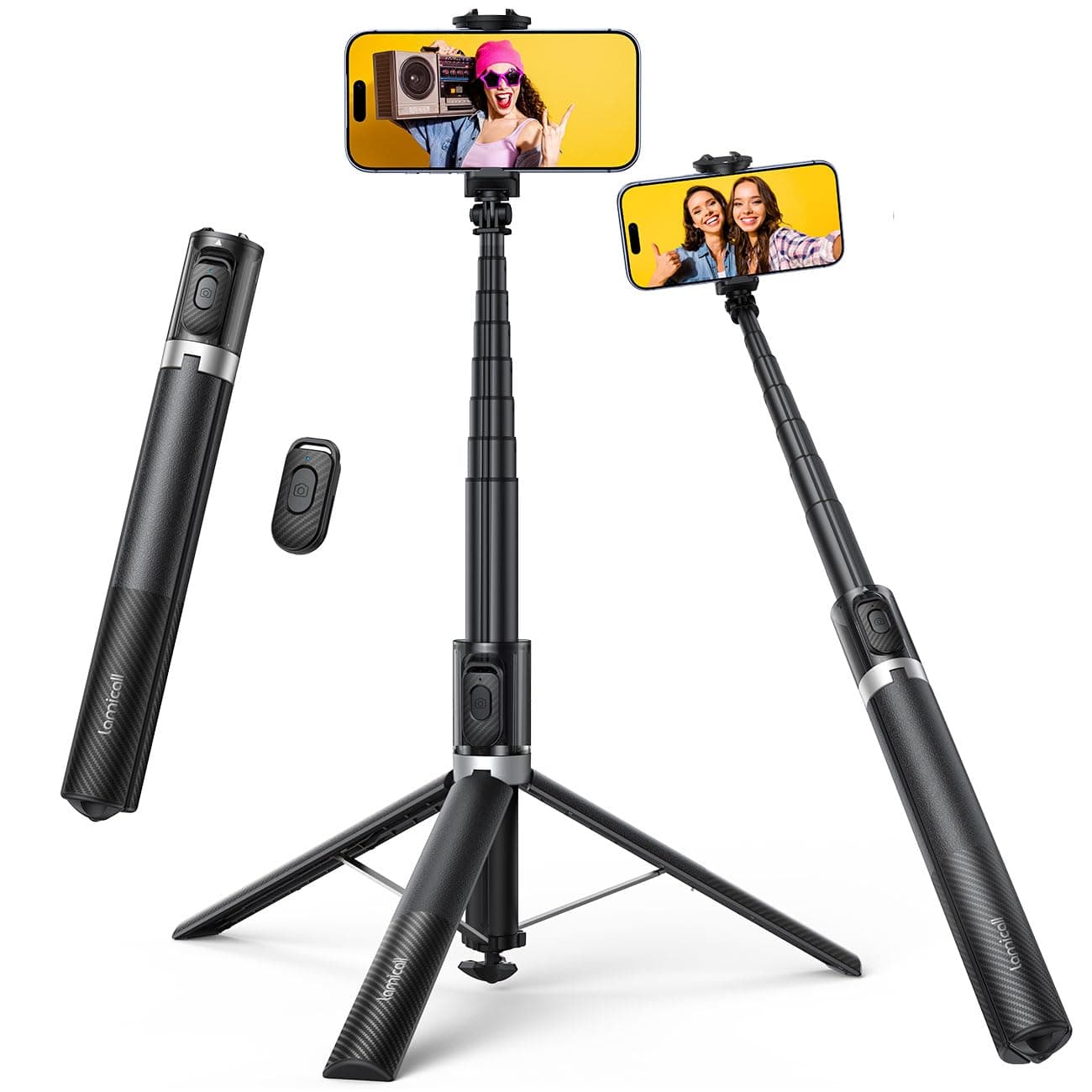 Lamicall Handy Stativ für Smartphone & Selfie Stick - [Automatik-Öffnung] 3-IN-1 Aluminium Handystativ mit Fernbedienung & Handyhalterung, 360° Ausziehbarer Selfiestick Tripod für iPhone 17/16, 165cm