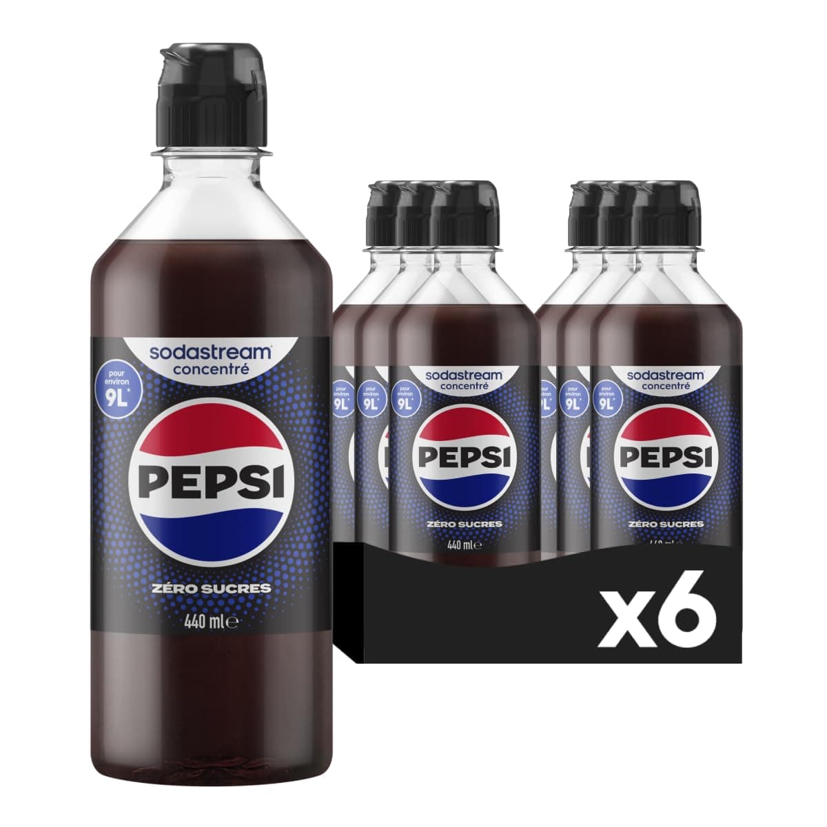 Sodastream Lot de 6 Concentrés Pepsi Zéro Sucres pour Machine à Eau Pétillante et Soda | Préparez jusqu'à 9 Litres de Pepsi en Quelques Secondes, Goût Original, 440ml