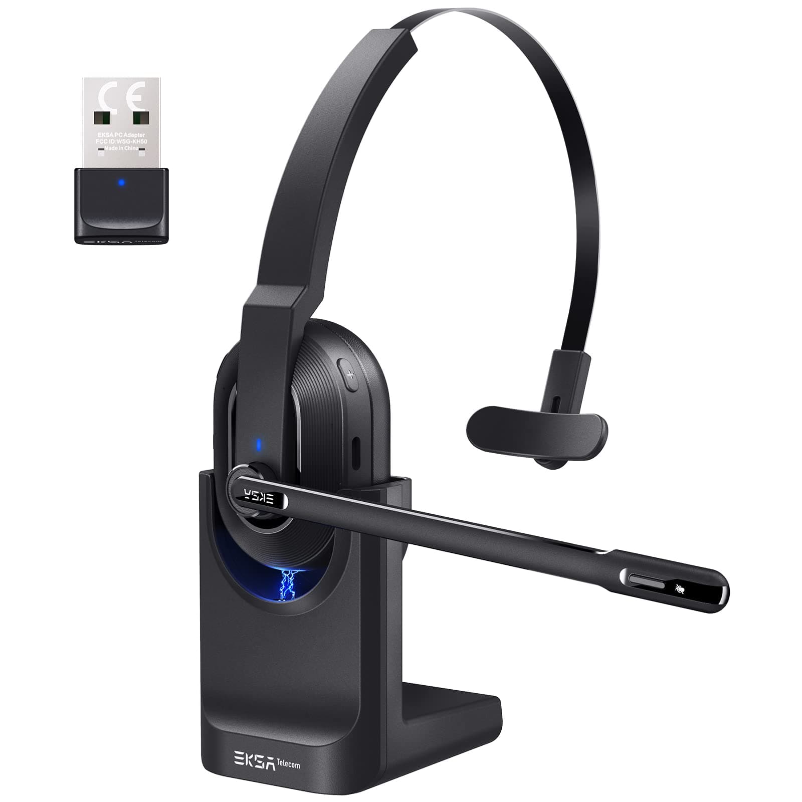 EKSA H5 Casque Bluetooth avec Micro & Dongle USB [45 Heures de Temps de Lecture et Portée de 10 m] Casque PC Mono avec Station de Charge et à Réduction de Bruit AI Mic, Casque sans Fil pour Bureau