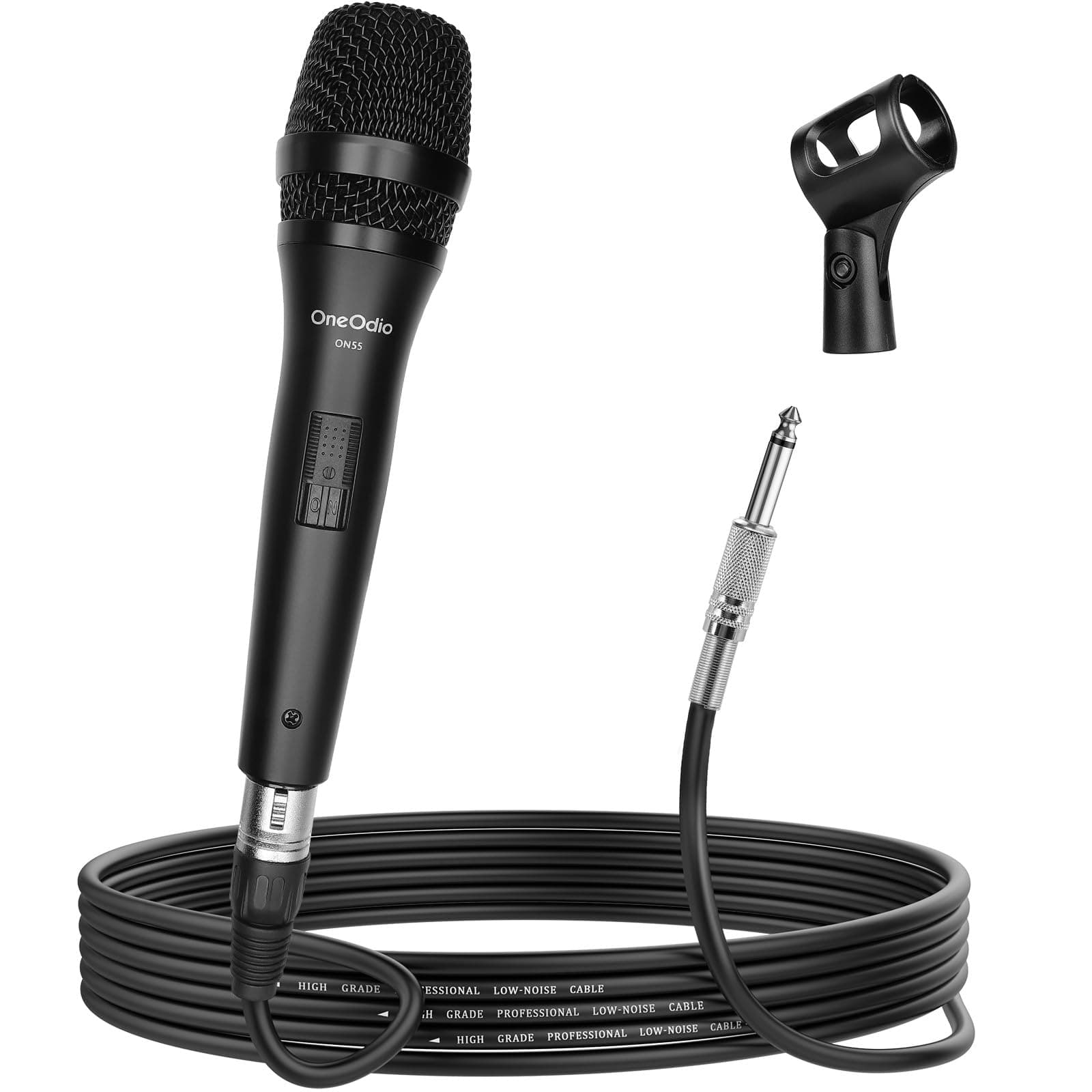 OneOdio ON55 Micrófono con Conector Jack, Soporte de Clip y Cable XLR de 5m, Carcasa 100% metálica, Sonido para Karaoke, Estudio, Streaming, Mezclador, podcasts, DJ