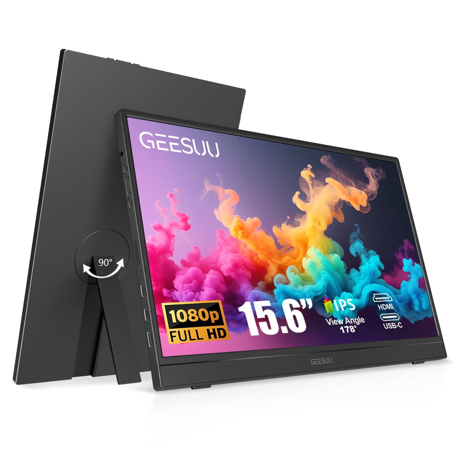 GEESUU Ecran Portable 15.6 Pouces, PC Screen FHD 1080p, Ecran IPS 60Hz, 99% sRGB, Haut-parleurs, Screens Extender pour Laptop/PC/Mac/PS4/5/Xbox, HDMI 1.4 & Type-C Port