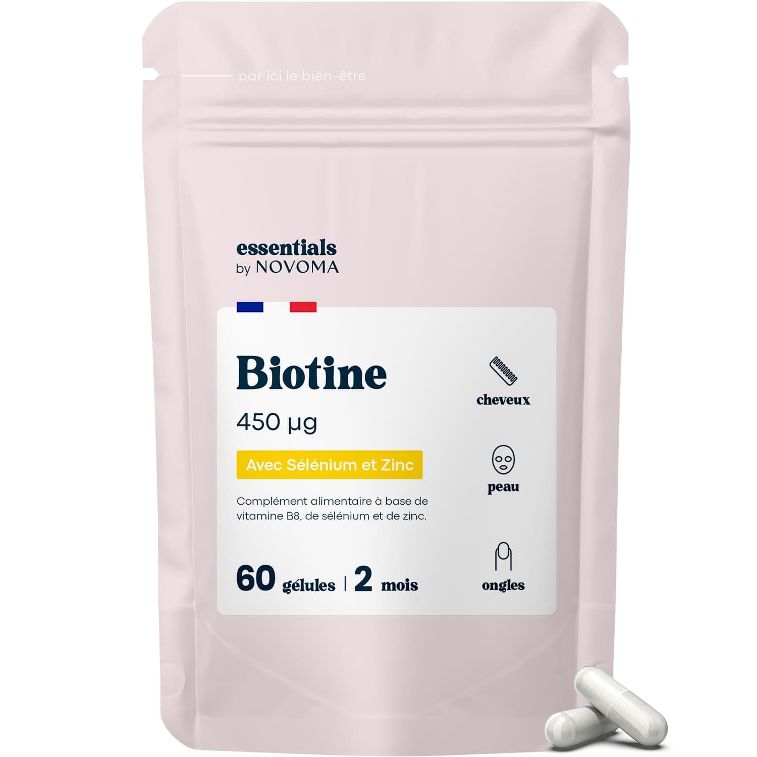 Biotine avec Sélénium et Zinc, Accélère la Pousse des Cheveux, Cure de 2 mois, 60 Gélules Végétales, Complément Alimentaire de Vitamine B8, Fabriqué en France, Essentials by Novoma