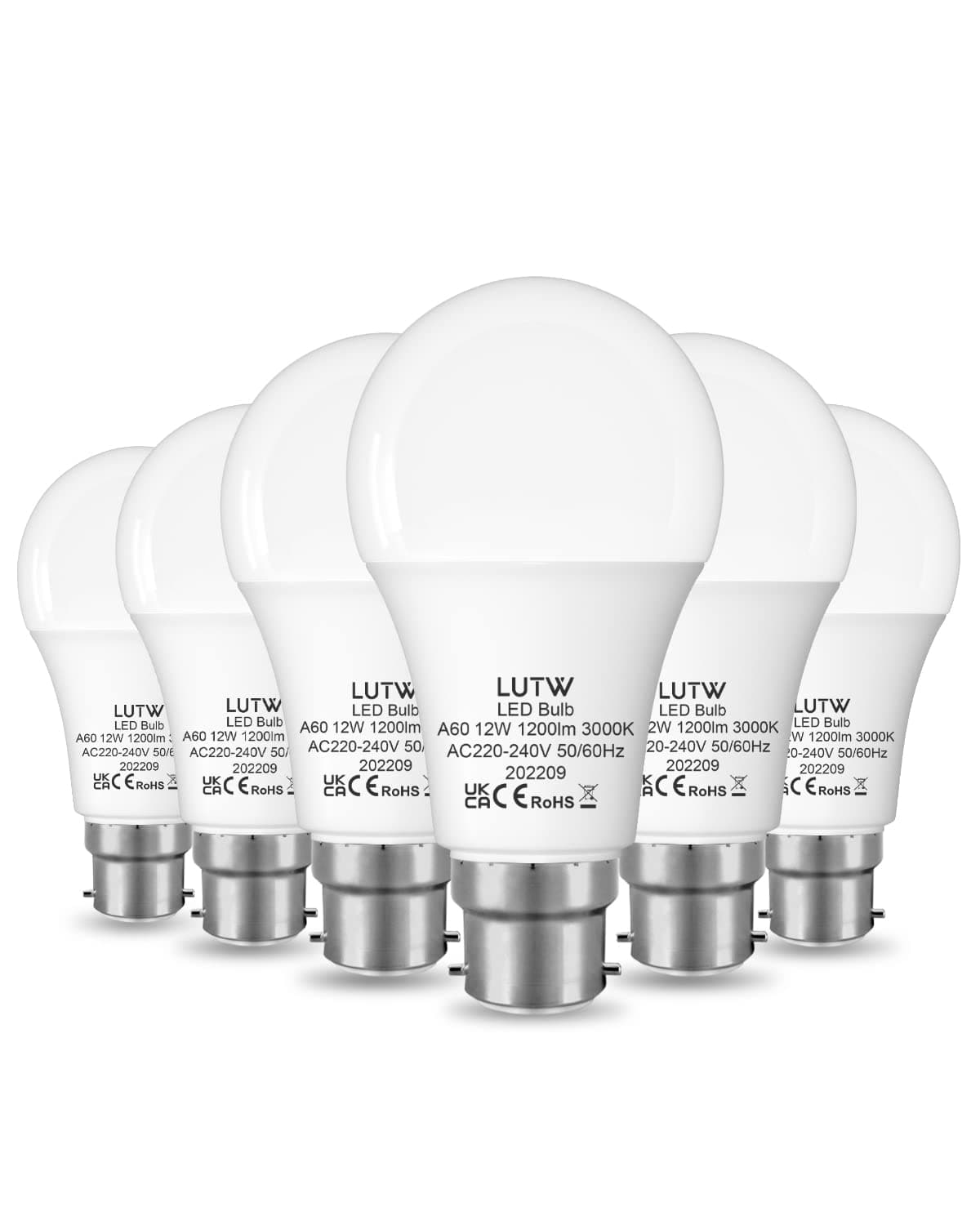 LUTW Ampoule LED A60 12W Équivalent Ampoule Incandescente de 100W, Ampoule B22 LED Blanc Chaud 3000K, Ampoule a Baïonnette 1200lm Non-dimmable pour l’Éclairage domestique, 6 Pièces