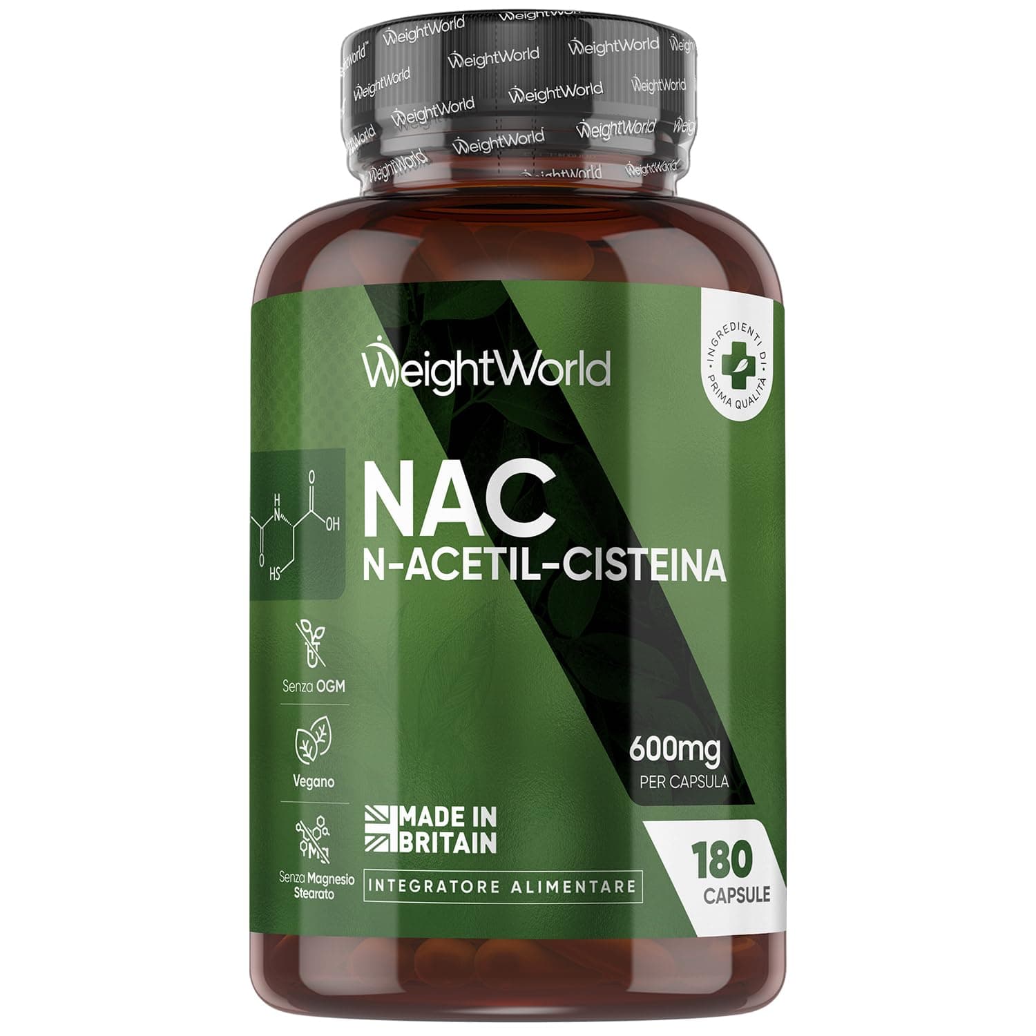 NAC N-Acetil-Cisteina Vegana, 600mg per Dose Giornaliera, 180 Capsule (Fornitura per 6 Mesi), 1 Sola Capsula al Giorno, N Acetilcisteina 600 mg, Integratore per Uomo e Donna, Senza Magnesio Stearato
