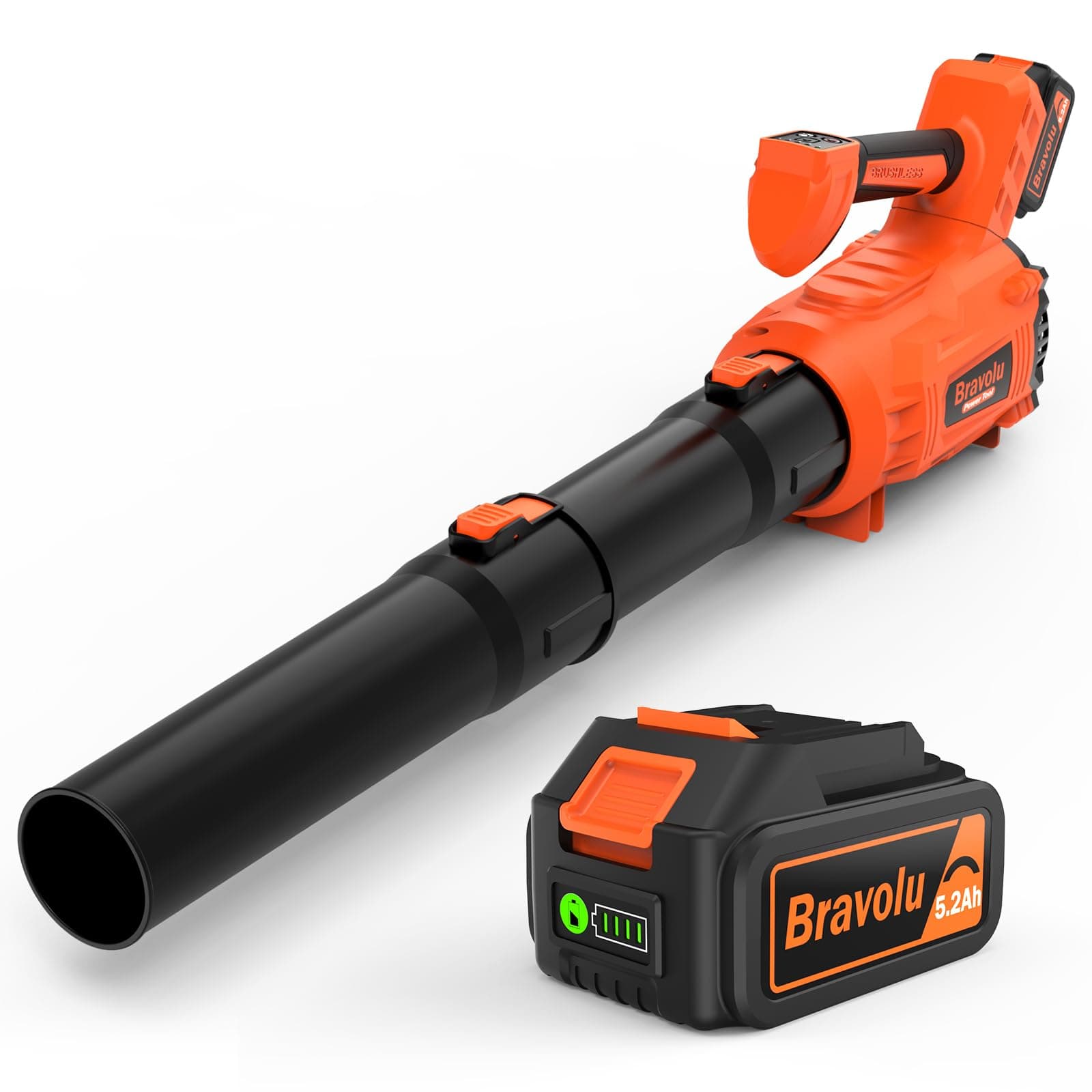Soffiatore a Batteria, Bravolu Soffiatore Foglie Elettrico, con Batteria da 5200 mAh e Caricabatteria, Velocità Aria Max 305 km/h, 5 Velocità Regolabili e Modalità Turbo