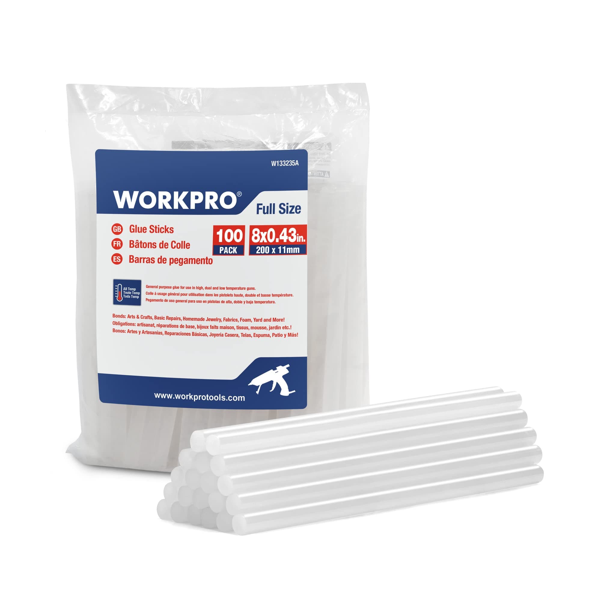 WORKPRO, Juego de 100 barras de pegamento en caliente, 200 x 11 mm, barras de pegamento transparentes universales para pistola de pegamento termofusible, ideal para bricolaje, artesanías, ocio
