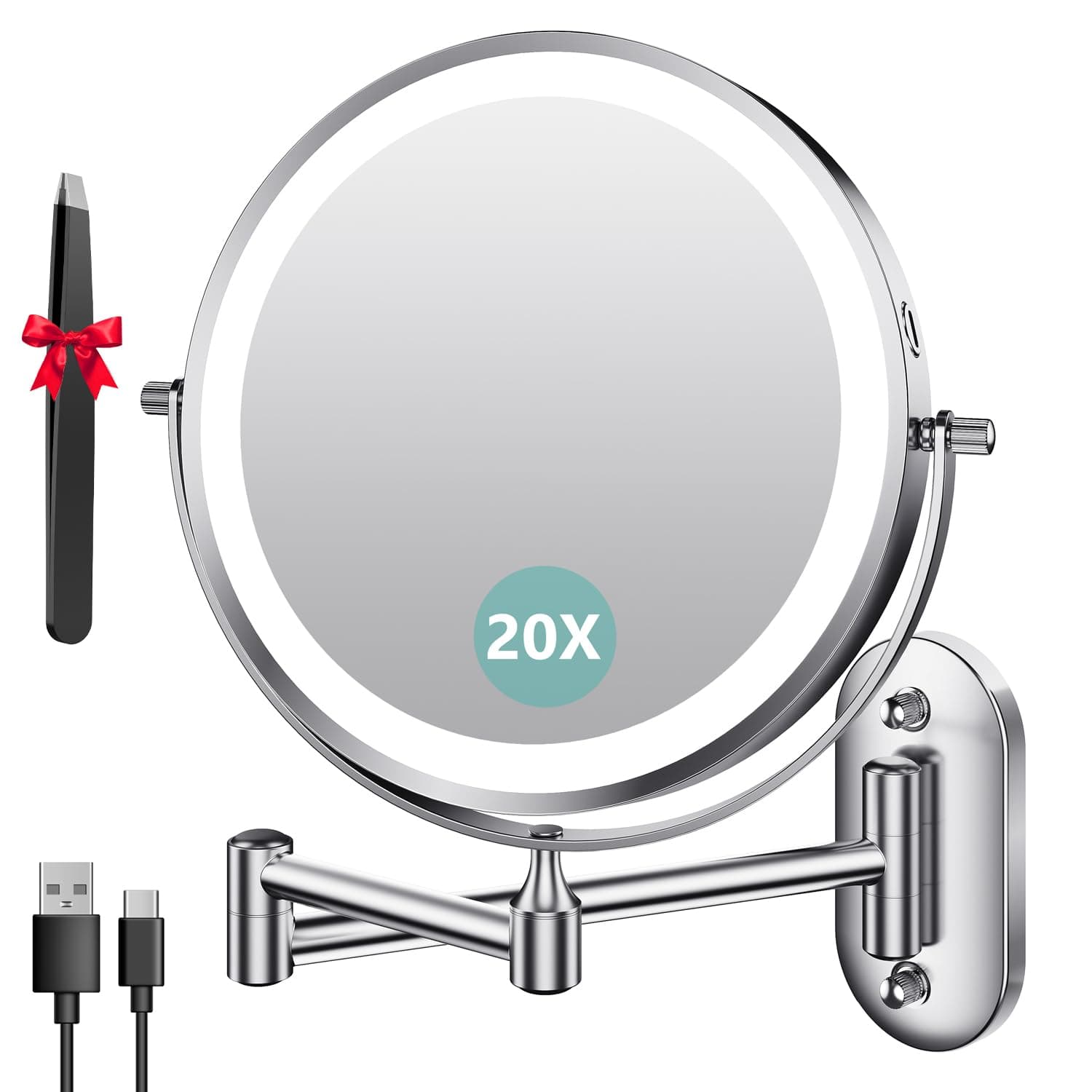 Auxmir Espejo Maquillaje con Luz Recargable, Aumento 1X/20X Doble Cara Giratorio 360, Espejo Baño Pared Extensible Táctil con USB, 3 Colores Brillo Regulable, para Hotel, Plata