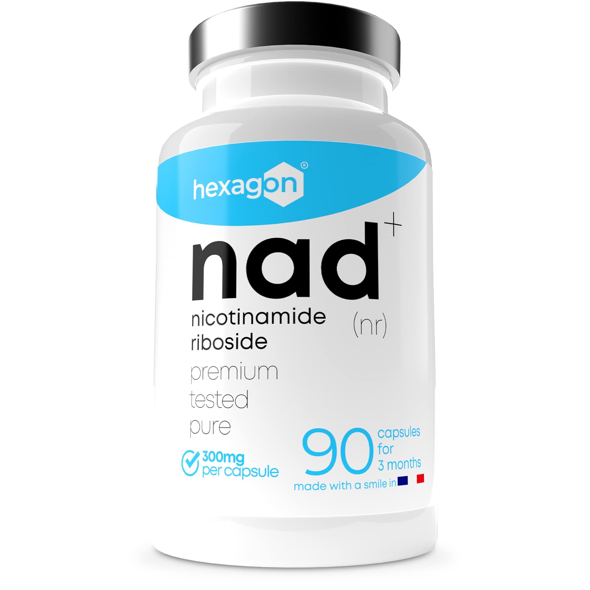 NAD+ Nicotinamide Riboside Chloride 300mg - +3 Mois de Cure - NAD Booster - Anti-Aging & Contre la Fatigue - Fabriqué et Testé en France - 90 Gélules Végétales - Vegan - Hexagon