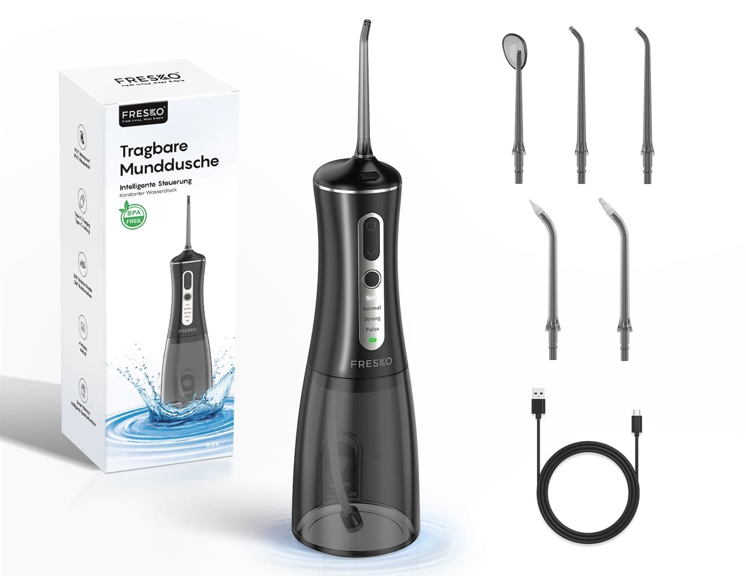 FRESKO Hydropulseur Dentaire, 300ML Irrigateur Buccal avec 4 Modes 45-105PSI, Batterie 2600mAh, Etanche IPX7, 5 Buses pour Appareils Dentaires Et Implants, Nettoyeur Dentaire Portable