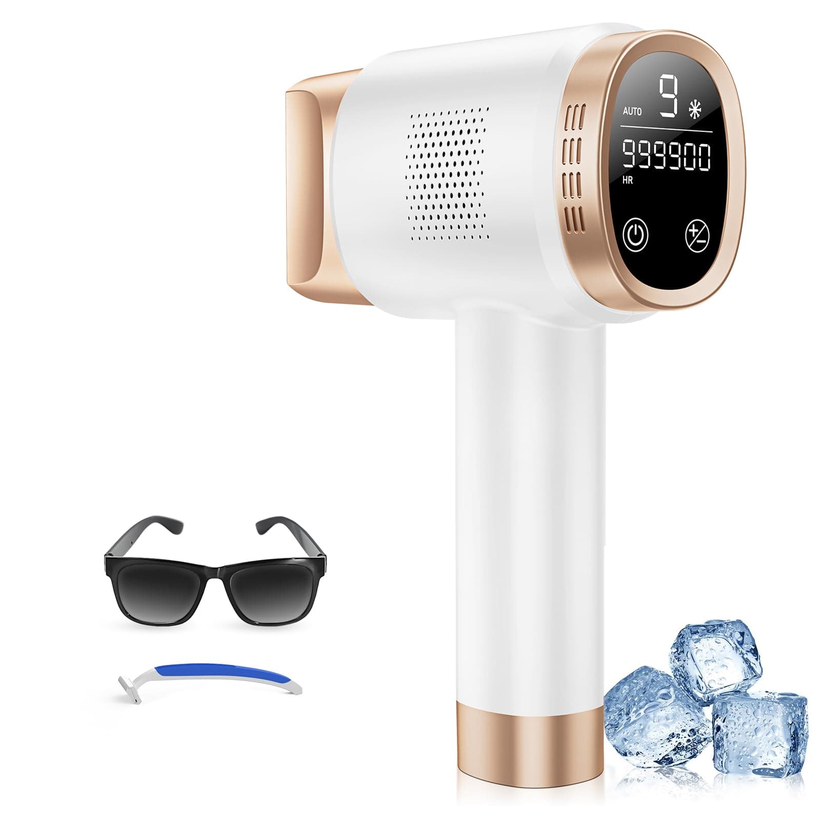 Épilateur Lumière Pulsée 21J avec Système de Refroidissement à 8 °C, 9 Niveaux et Lumière Rouge 600 nm, Écran Tactile LCD, Épilation Laser pour Visage, Bras, Maillot, Femmes et Hommes, Blanc
