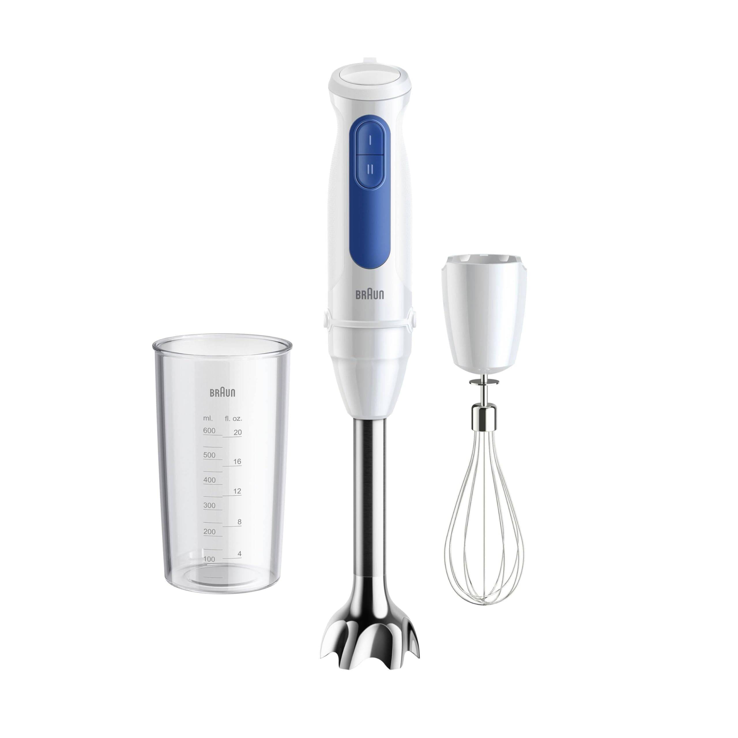 Braun MultiQuick3 MQ30.051M Minipimer, Frullatore ad Immersione Tecnologia PowerBell VPlus, Tecnologia Tedesca, 2 Velocità, Tecnologia Anti Schizzi, Bicchiere 600ml, Frusta a Filo, 900W, Bianco/Blu