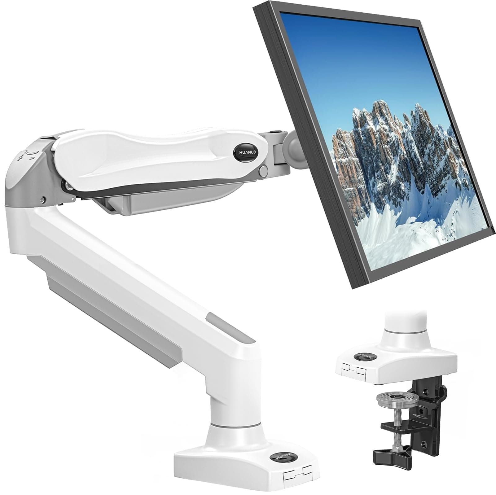 HUANUO Support Ecran PC, Bras pour Écran PC Rotatif à 360° pour Écrans Incurvés de 17 à 30 Pouces, Support de Moniteur à Ressort, VESA 75x75/100x100mm, Blanc