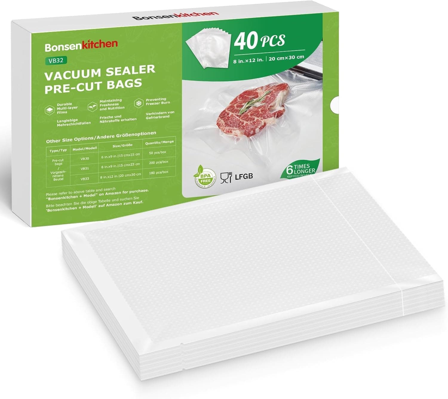 Bonsenkitchen Profi Vakuumbeutel, 40 Beutel 20x30cm Vakuumierbeutel für alle Vakuumierer & Lebensmittel Vakuumiergerät, Kochfest und Sous Vide Gefrierbeutel, BPA-frei, VB32