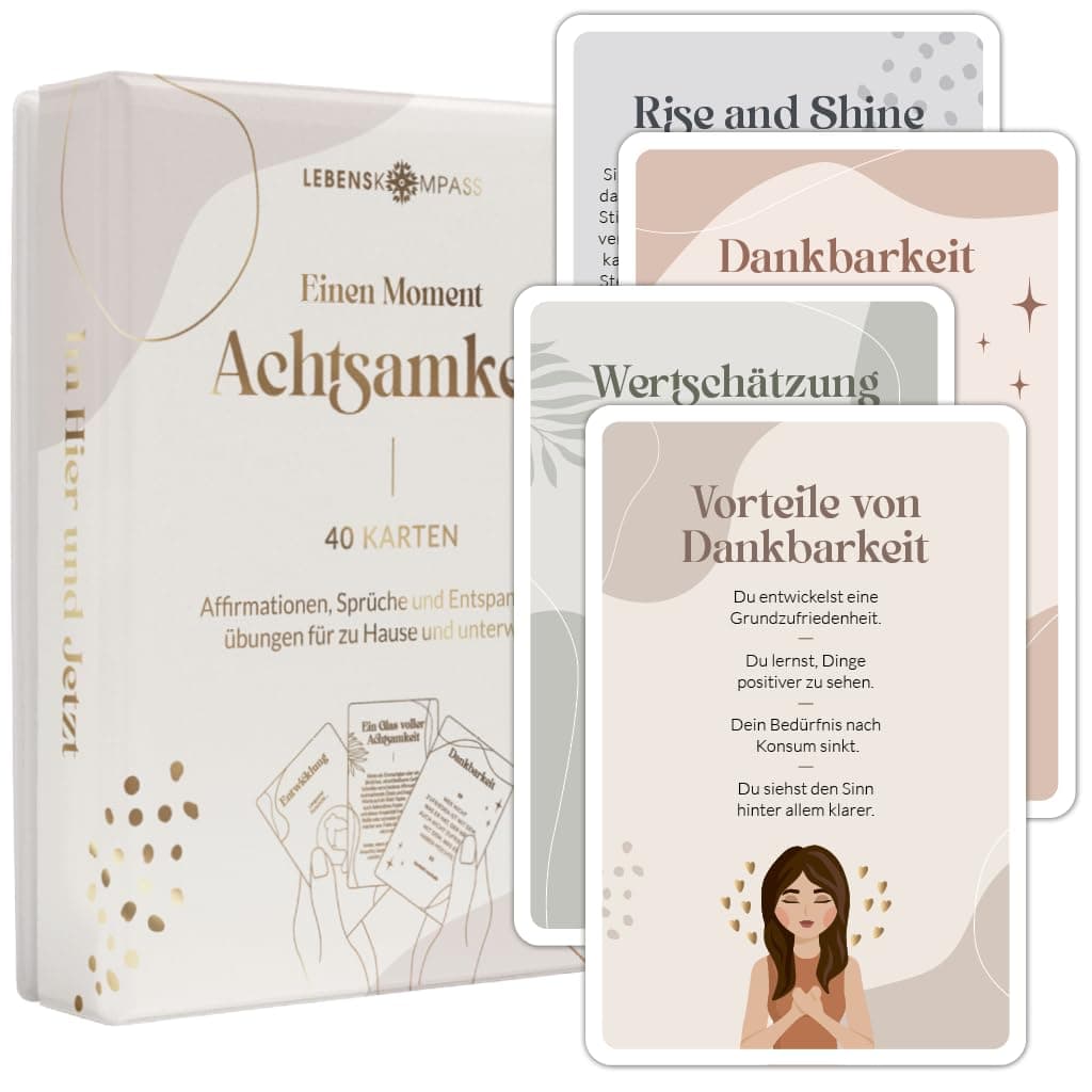 LEBENSKOMPASS 40 Achtsamkeitskarten Mindfulness & Attention - Positive Affirmationen, Übungen, Glückskarten & Spruchkarten - Affirmationskarten für Erwachsene als Achtsamkeit Geschenk