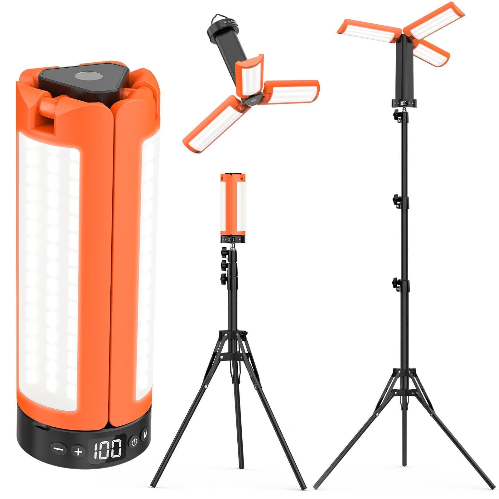 Lampe de Camping Rechargeable avec trépied, 12000 mAh, 3 couleurs de lumière, lampe de travail LED de 6000 LM, IP65, pour ateliers, camping, chantiers de construction et aux situations d'urgence.