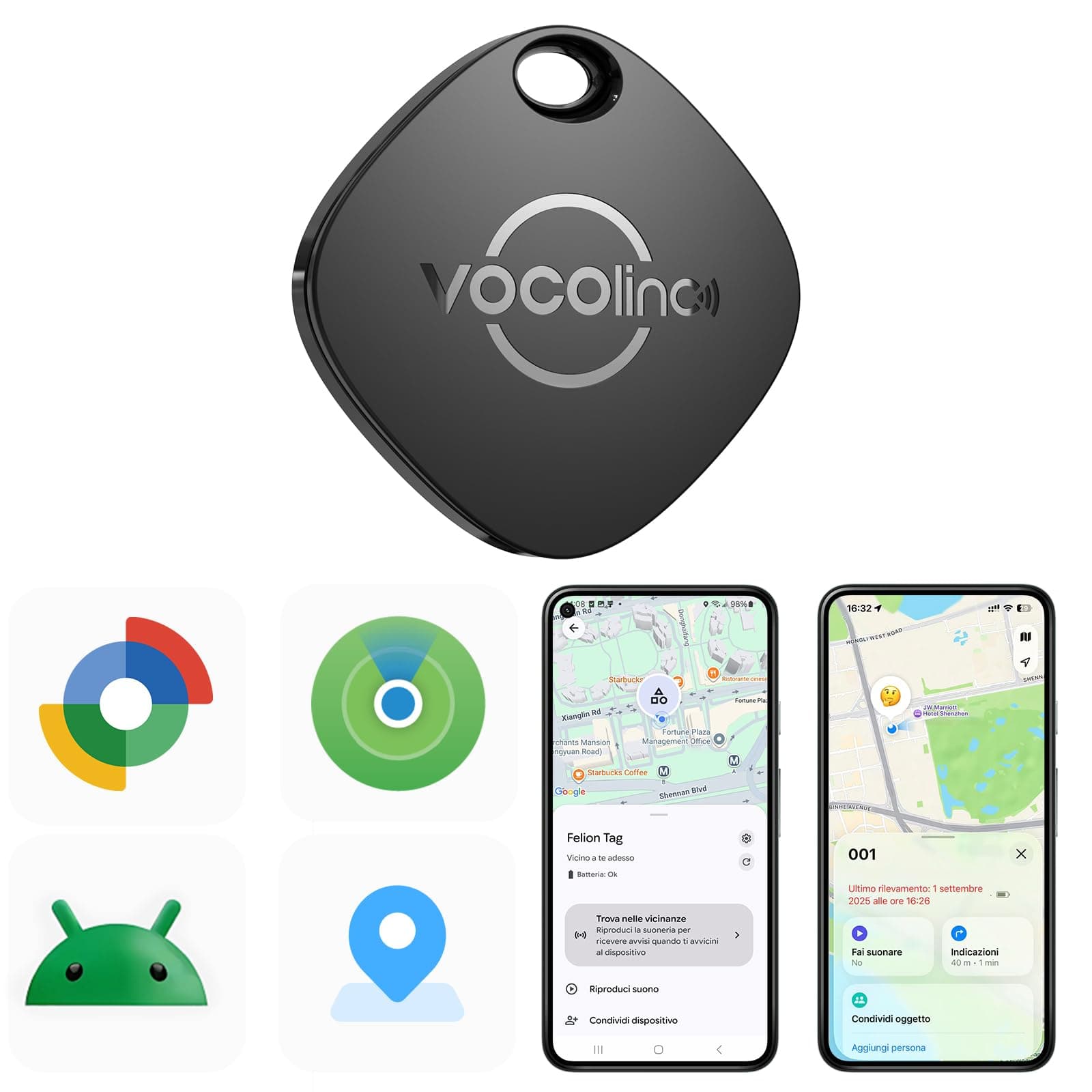 VOCOlinc Smart Tag Compatibile con Android Google Funzioni Trova o iOS Apple Dov'è App, Bluetooth Localizzatore Trova Oggetti per Chiavi/Portafoglio/Bagaglio/Zaino Borsa, 1 Pezzi Nero