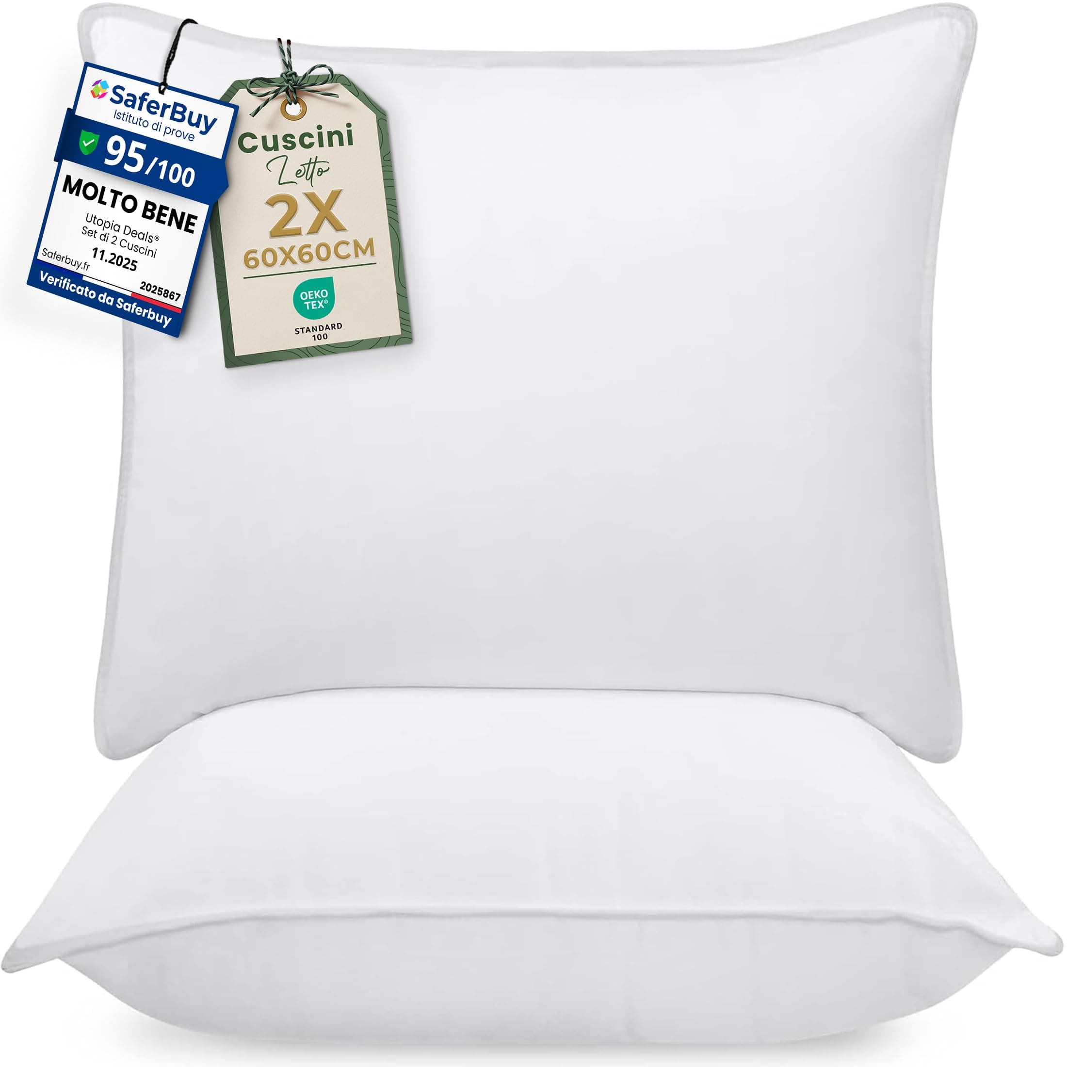 Utopia Bedding Cuscini Letto (Set di 2), 60 x 60 cm Guanciali Letto Coppia, 3D Fibra di Poliestere (Bianco)