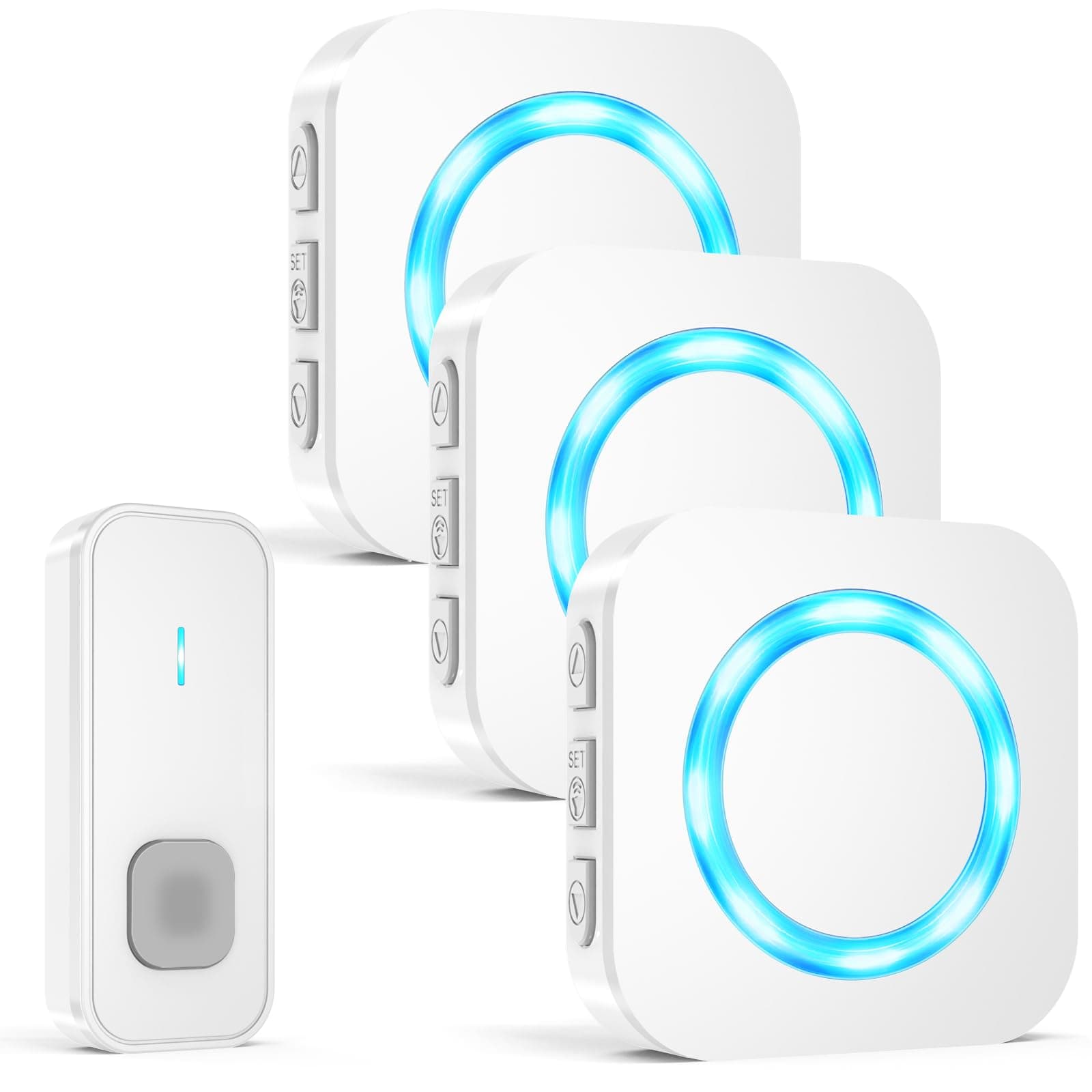 AIMAX Timbre inalámbrico con 1 transmisor y 3 receptores, Timbre inalámbrico Exterior Impermeable, Alcance de 400 m, Impermeable IP55, 55 Tonos de Llamada, 5 Niveles de Volumen con Flash LED