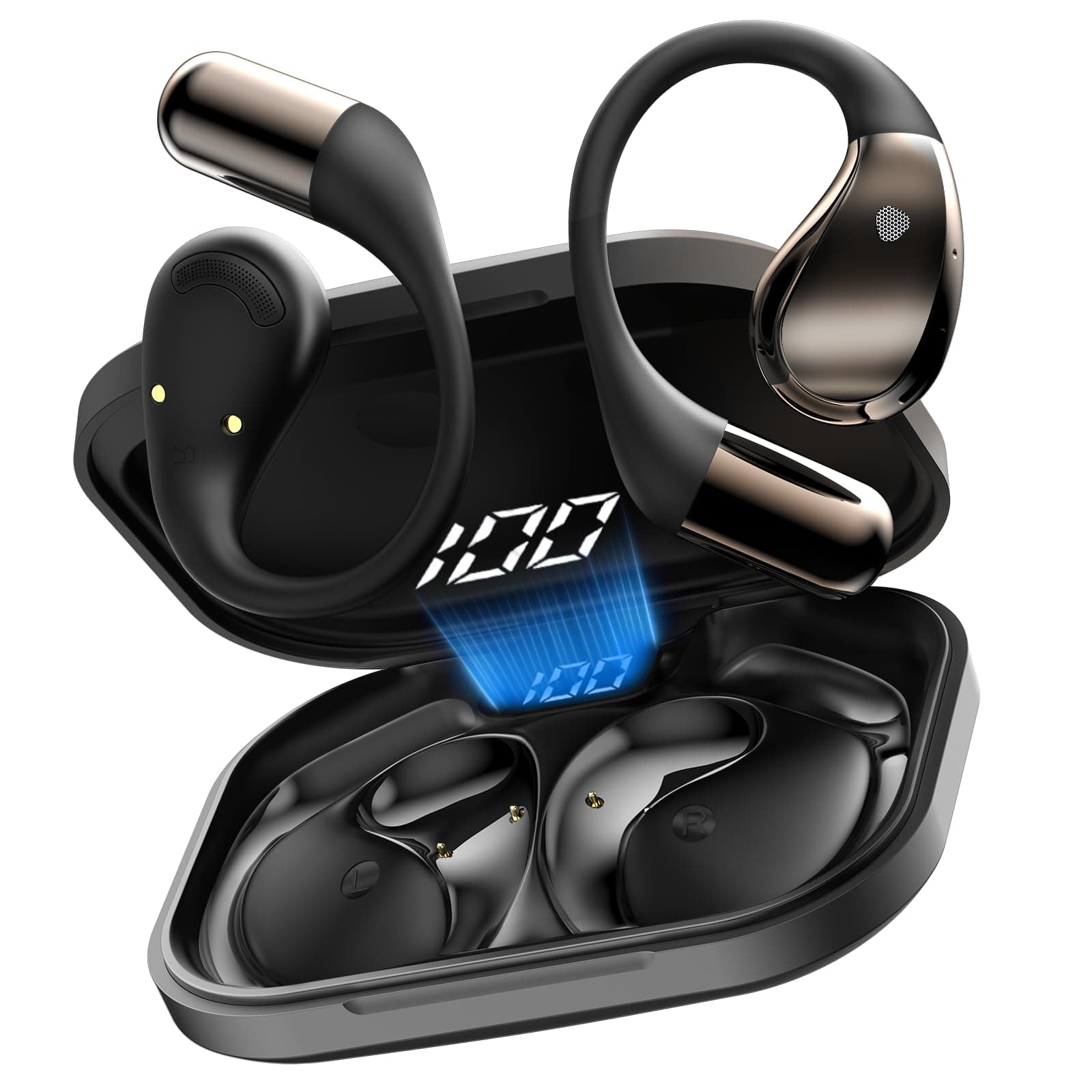 Auriculares inalambricos Deportivos, Bluetooth V6.0 lnalámbricos Cascos Hi-Fi Estéreo, 40H Llamada ENC HD Auriculares, Pantalla LED, IP7 Impermeable Auriculare Oreja Abierta para Sport/Running, Negro