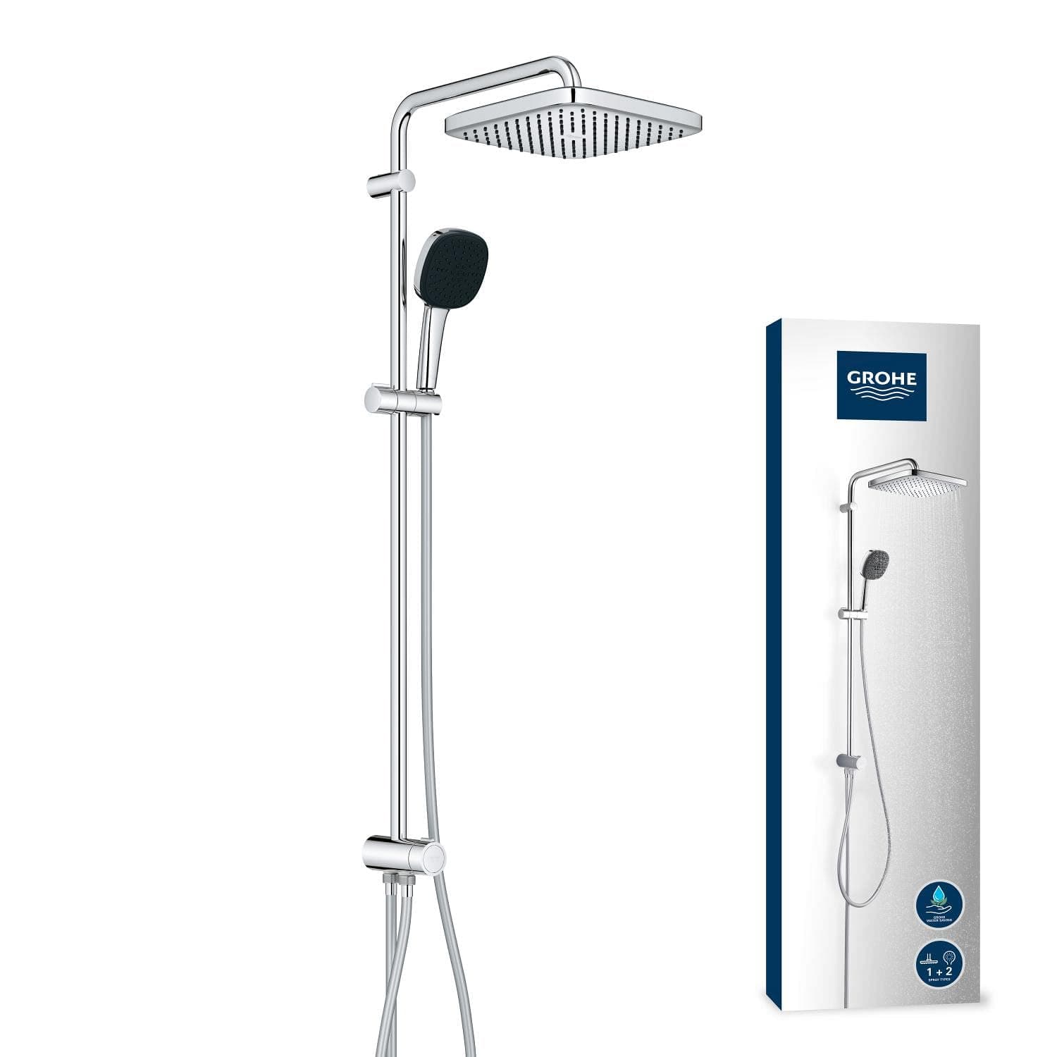 GROHE Vitalio Comfort 250, Colonne de Douche avec Inverseur Manuel, Douchette Vitalio Comfort 11cm 2 jets, Flexible 1,5m, Economie d'Eau, Chromé, 26986001