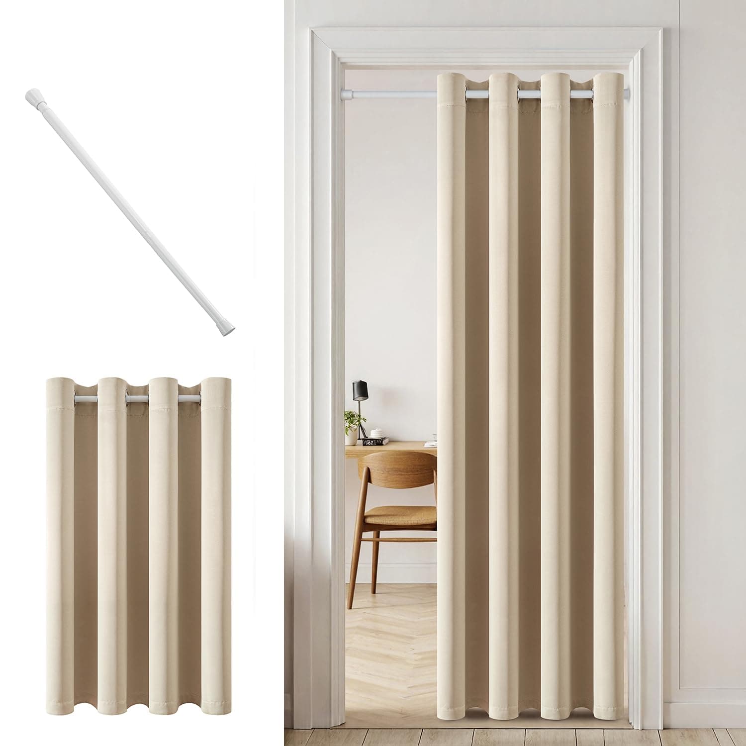 MIULEE Blickdicht Türvorhang mit Teleskopstange,ohne Bohren einfache Montage, 1 Stück Hell Beige tür Vorhang innen H 200 x B 150 cm für Zimmer tür, Weiß Stange B 70-130 cm, für Schrank küchen Vorhang