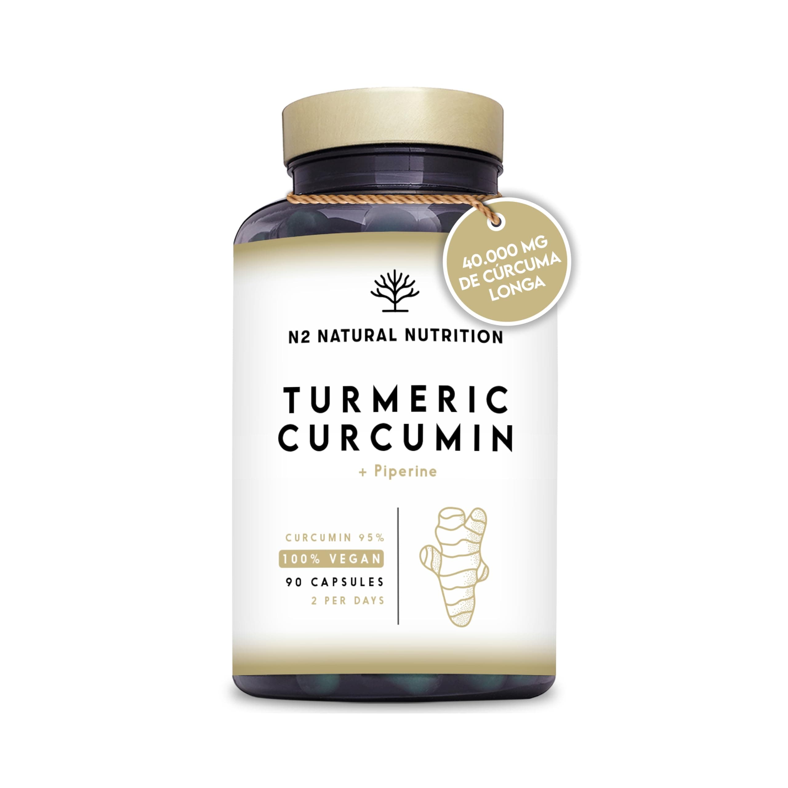 Curcuma 1.600 mg. 95% de Curcumina. Curcuma con Pimienta Negra (Piperina 95%). Potente Antiinflamatorio y Antioxidante. 90 Cápsulas. Vegano. N2 Natural Nutrition