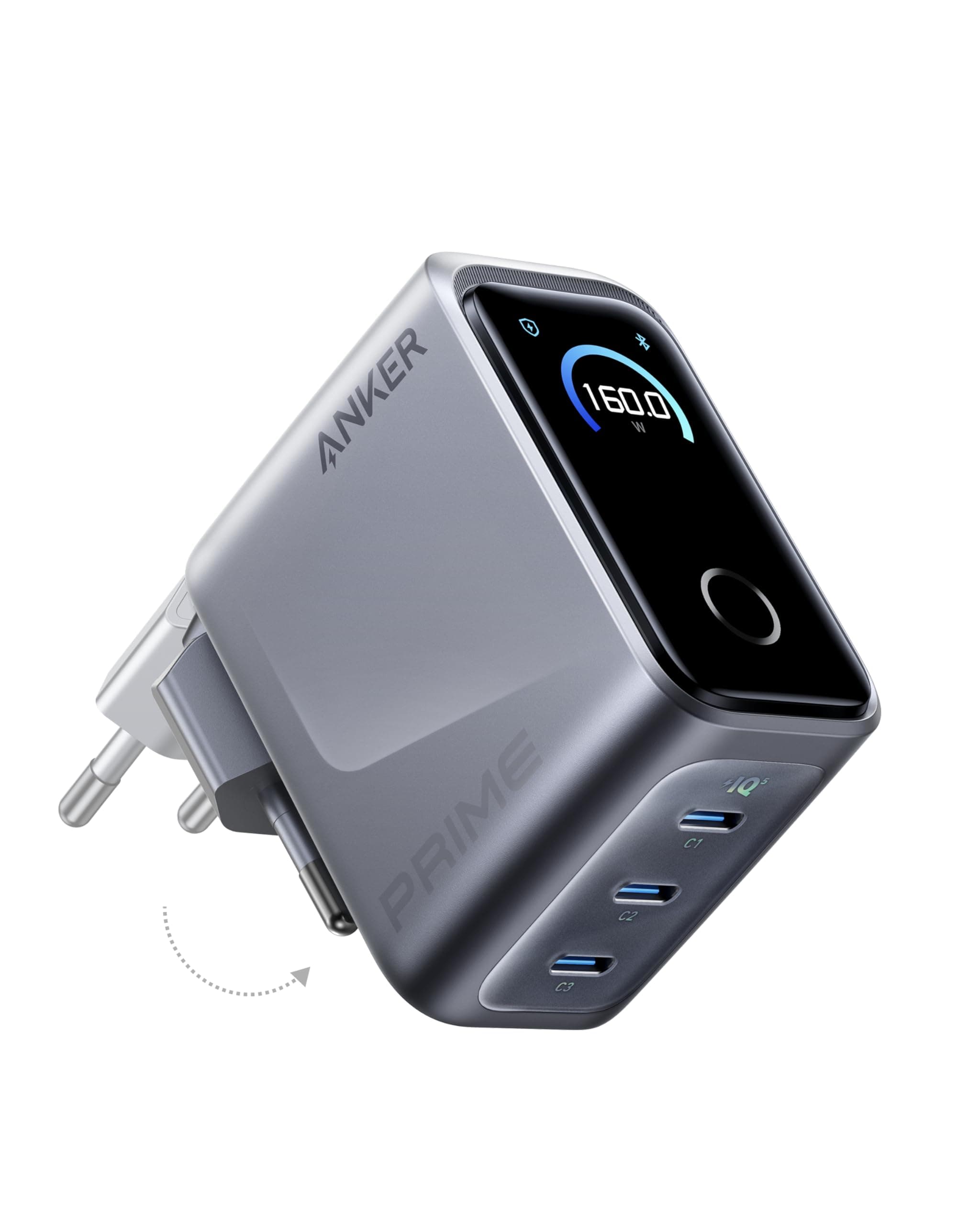 Anker Prime 160W USB C Ladegerät, kompakter GaN USB-C Ladeblock mit 3 Ports, Smart Display, Touch-Steuerung, Ultra-schnelles 140W Laden bei 1 Port, für Laptop, MacBook, iPad, iPhone 17/16/15 und mehr