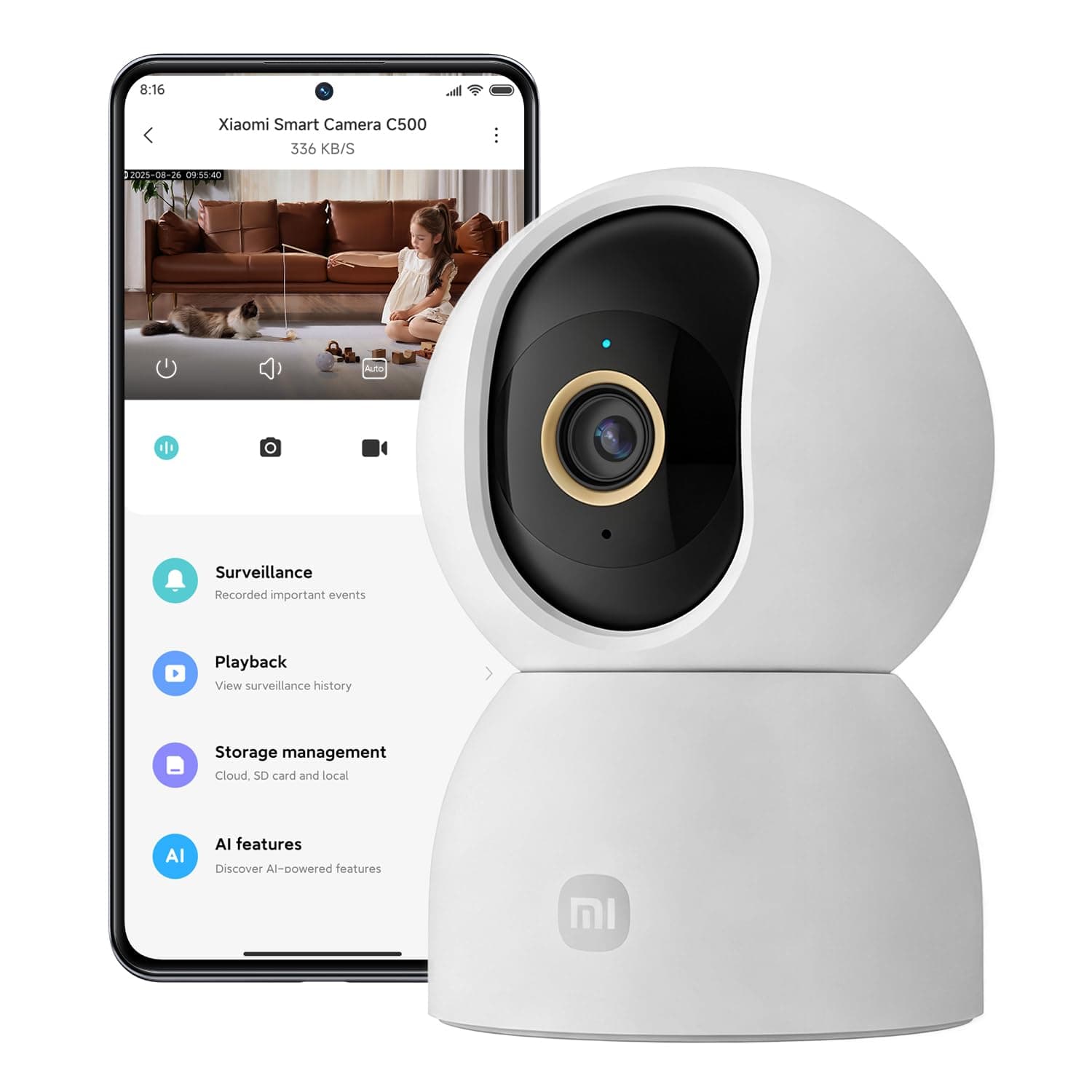 XIAOMI C500 Cámara de Seguridad Interior, Cámara WiFi 2,4/5 GHz, Monitor de Bebé, Detección y Seguimiento con IA, Vista 360°, Audio Bidireccional, Compatible con Alexa y Google
